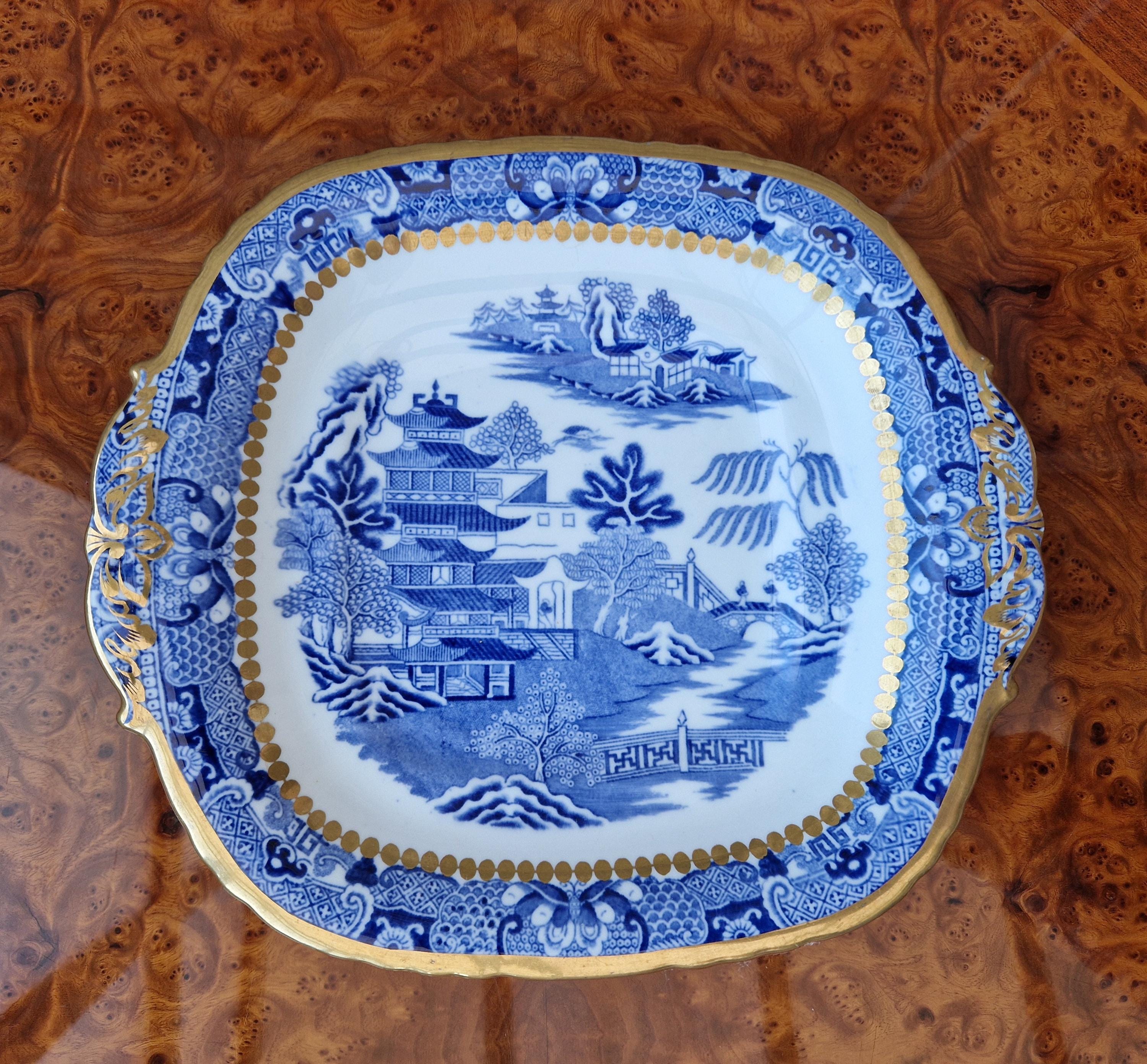 Davenport Longport England Blue & White Gilt Two Temples Porcelain Handle Platter c.1870-1886