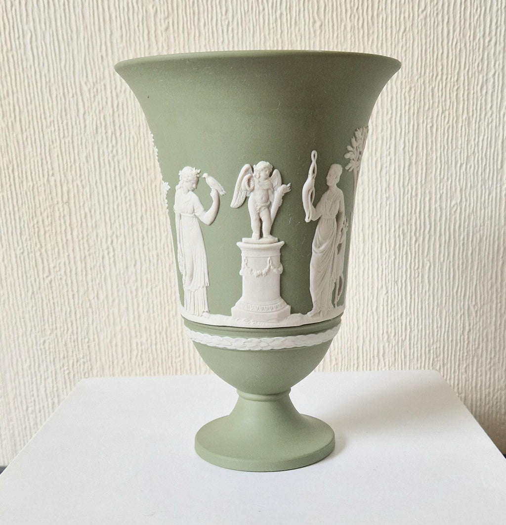 Wedgwood Sage Green Jasperware Arcadian Pedestal Trumpet Mantle Vase - Vintage.Made in England 17cm Tall