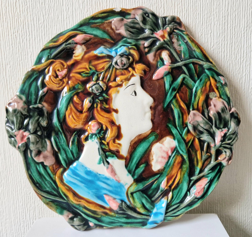 Antique Majolica Floral Blue Dress Lady Art Nouveau Handpainted Ceramic Wall Plaque Roundel