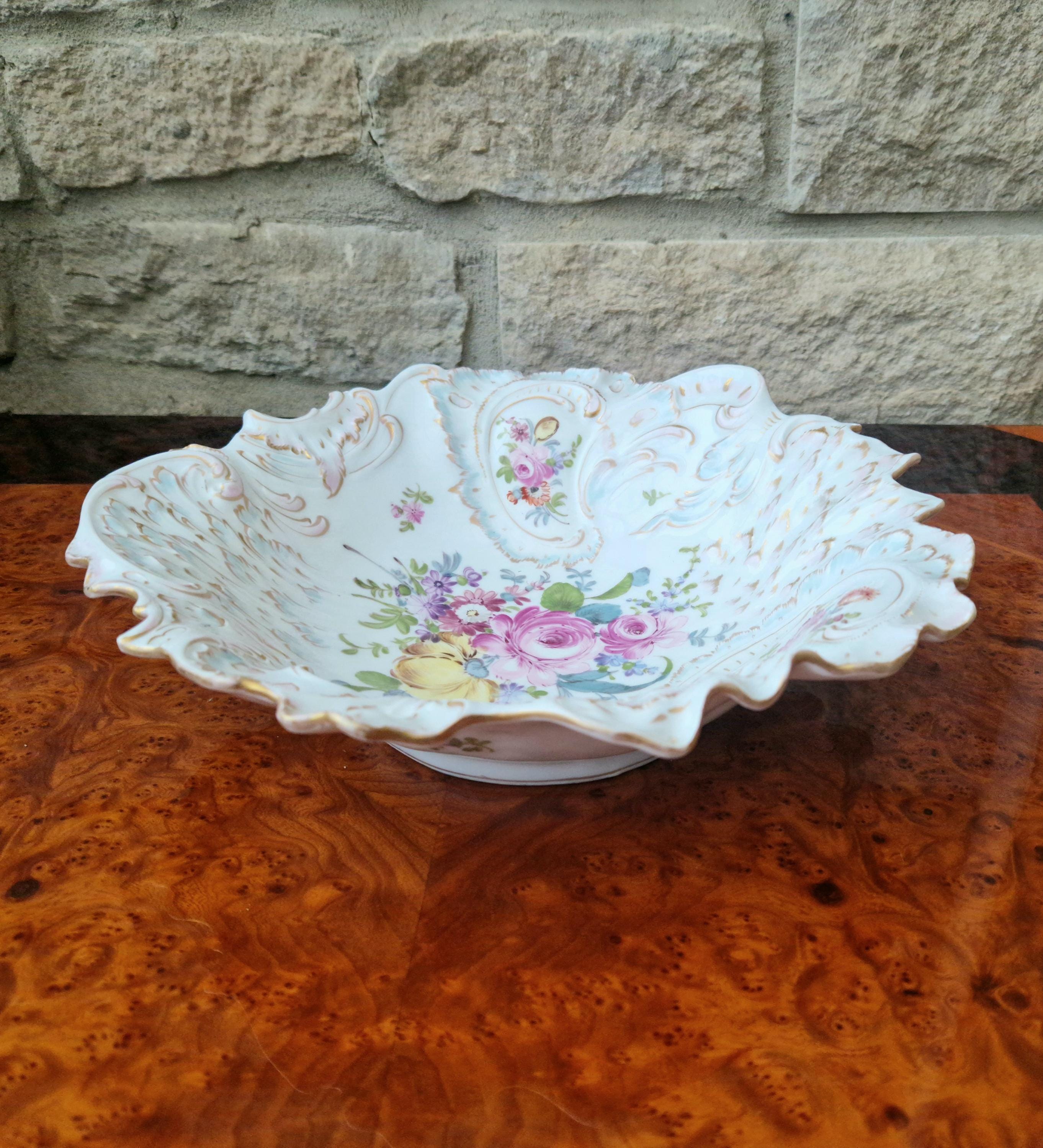 Antique Large 19th C. Dresden Ruffled Edge Rococo Style Floral Gilded Centrepiece Serving Bowl