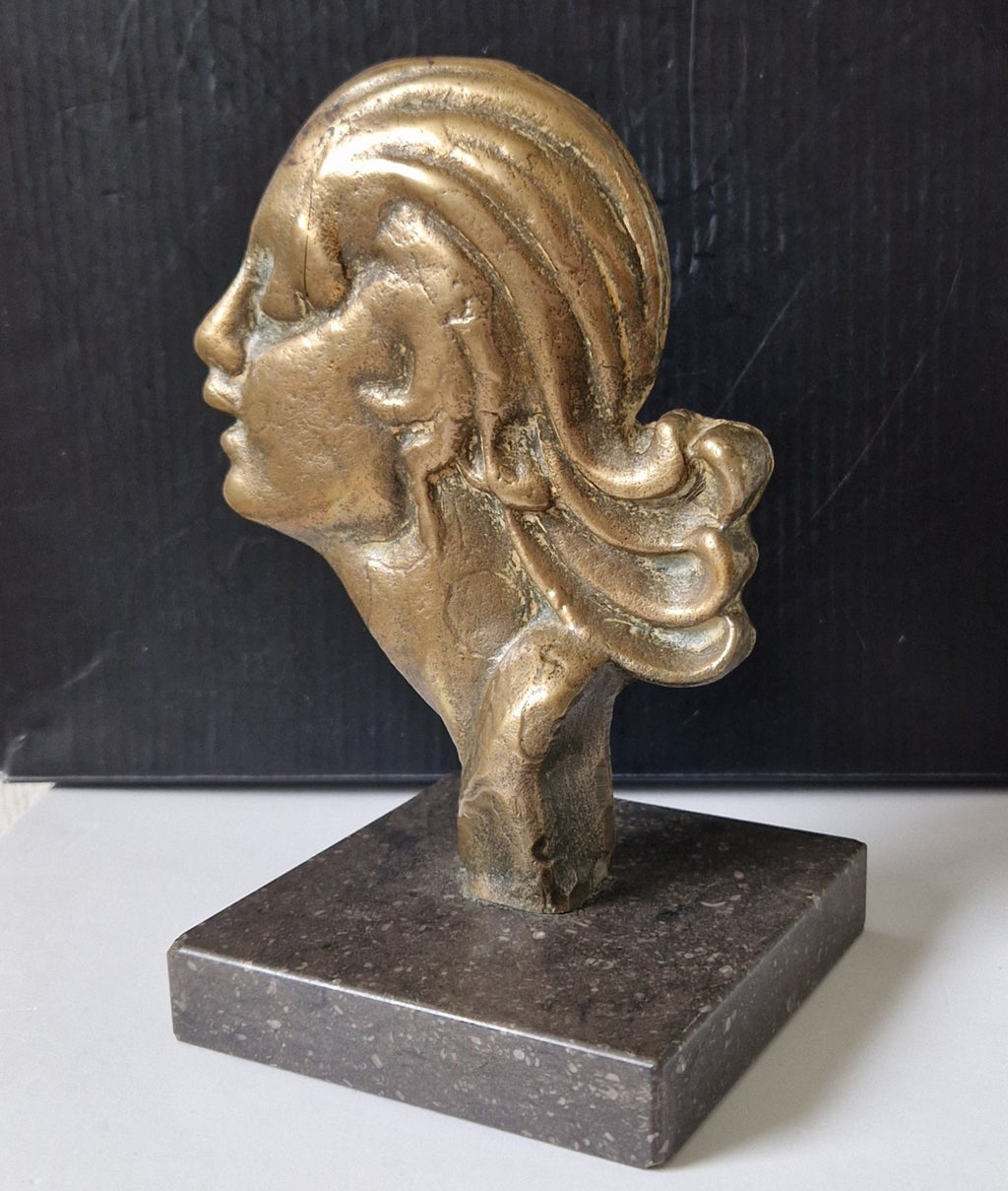Art Deco Cast Bronze Girl's Head Profile Black Marble Mounted Desk Sculpture