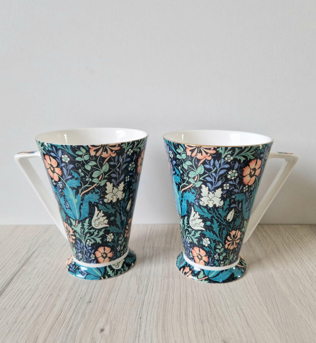 2 x Morris & Co Queens Compton Floral Art Deco Footed Bone China Coffee Mugs