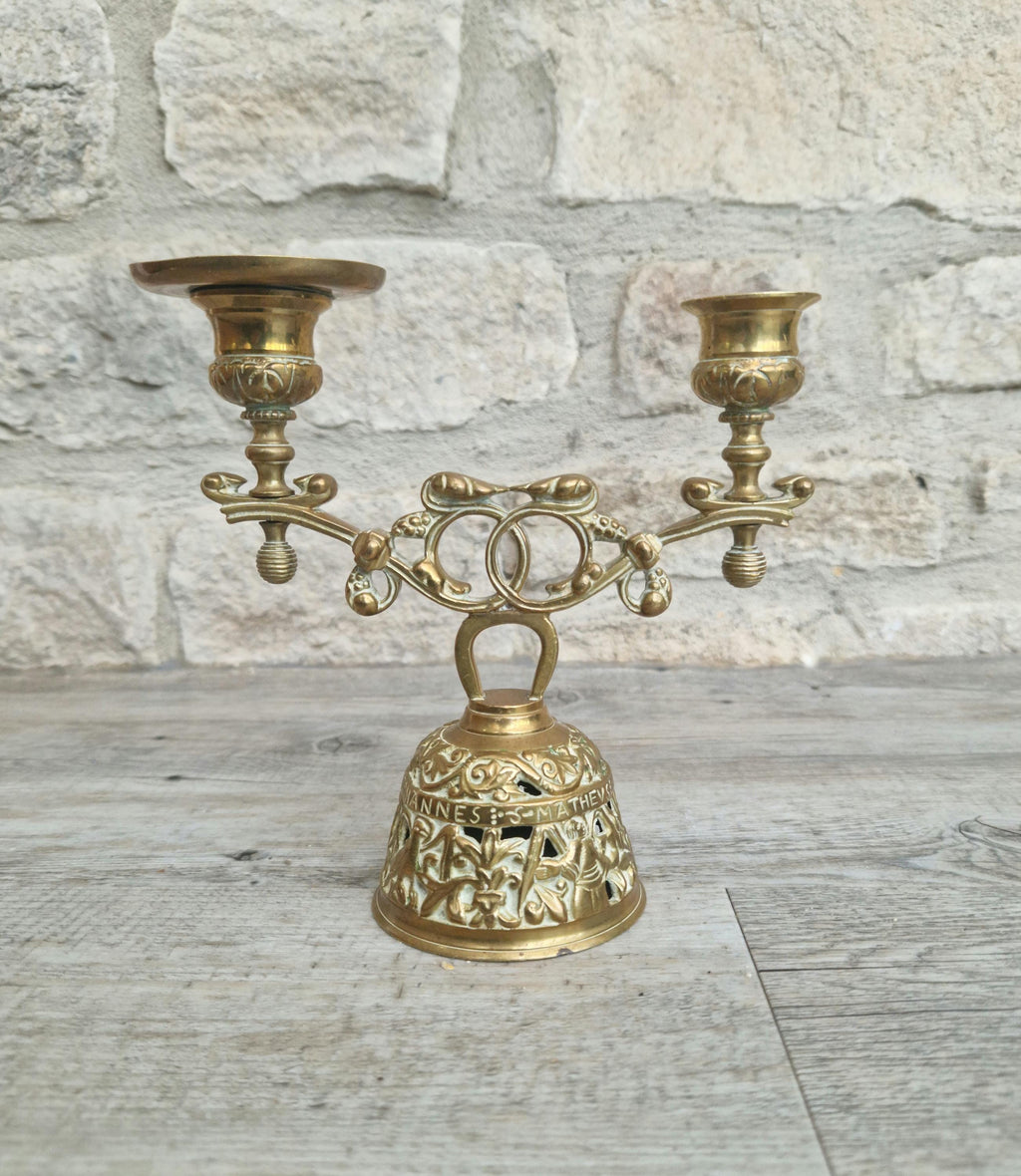 Brass Altar Bell Double Candle Holder With Pierced-Work Four Evangelists Names Antique