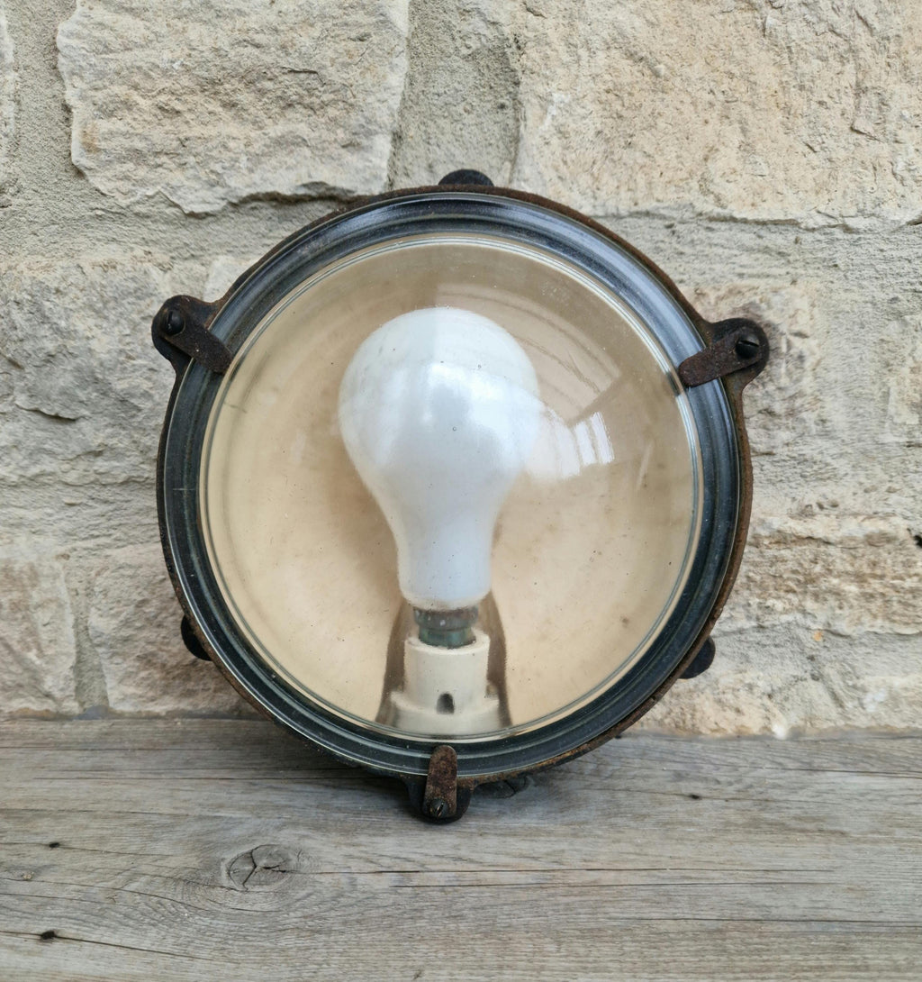 Vintage Industrial Marine Bulkhead Wall Light Cast Iron Round Fixture