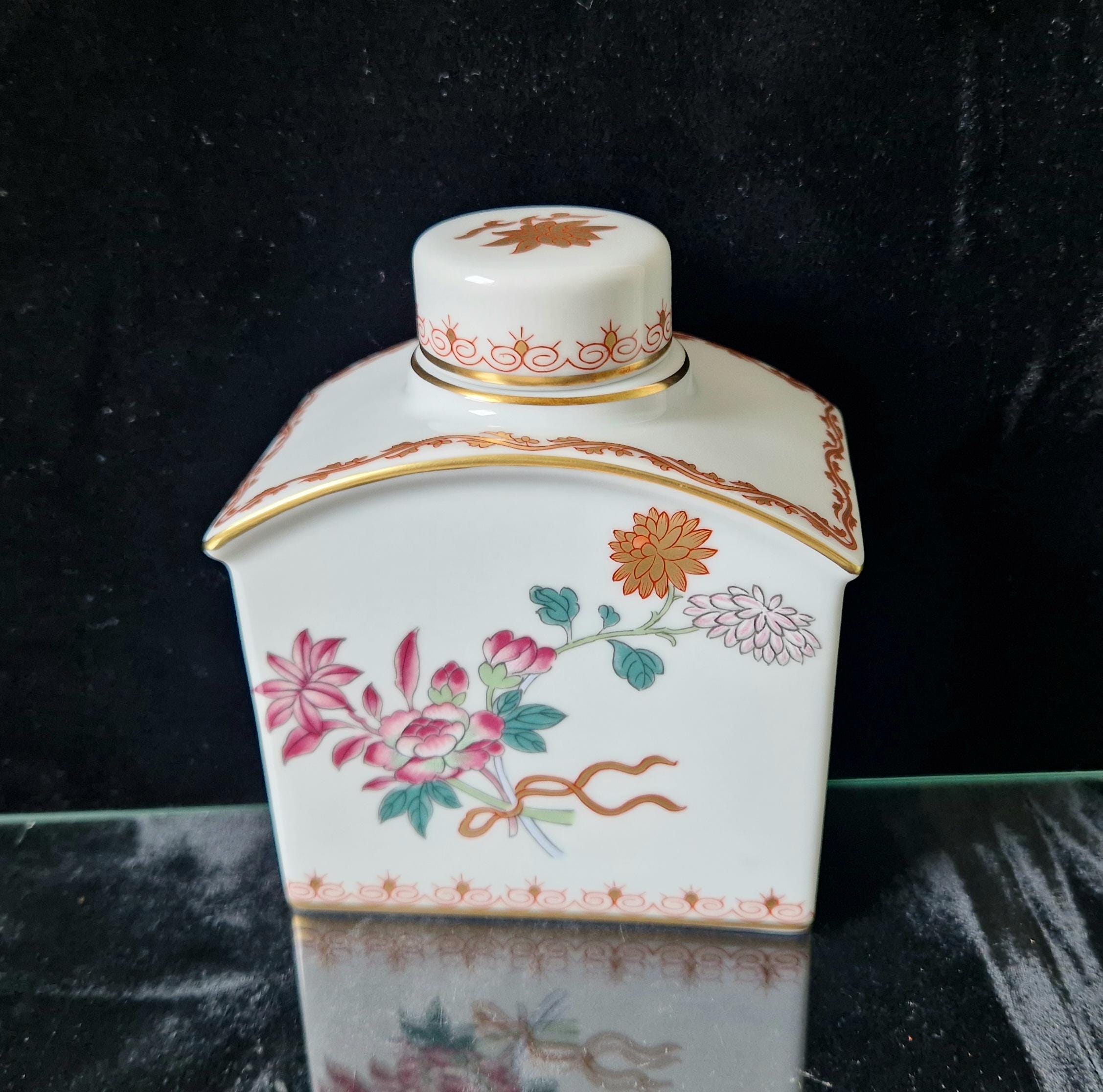 Vintage Vista Alegre Ceramic Tea Caddy Lidded Jar Floral Pattern With Gold Detail
