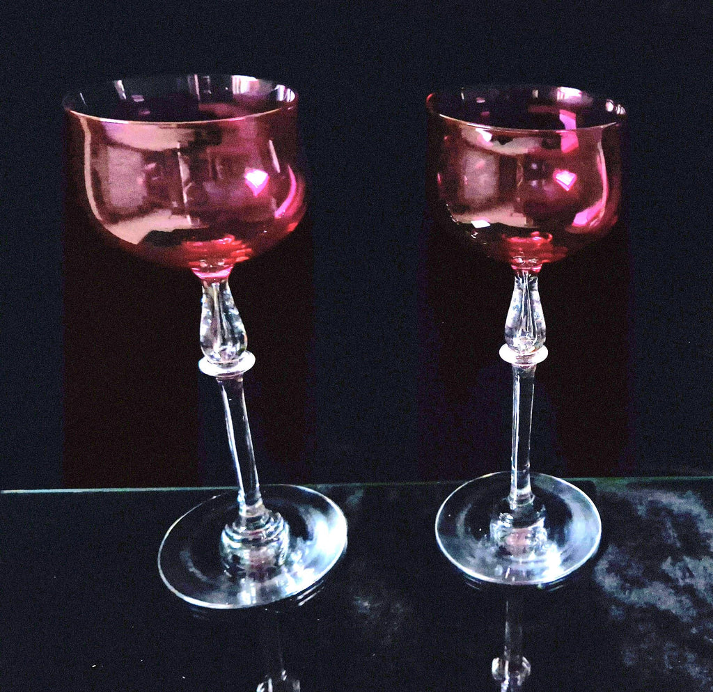 Art Nouveau Cranberry Wine Glasses: French 'Nancy' Airtear Stem, c.1910 (Set of 2)