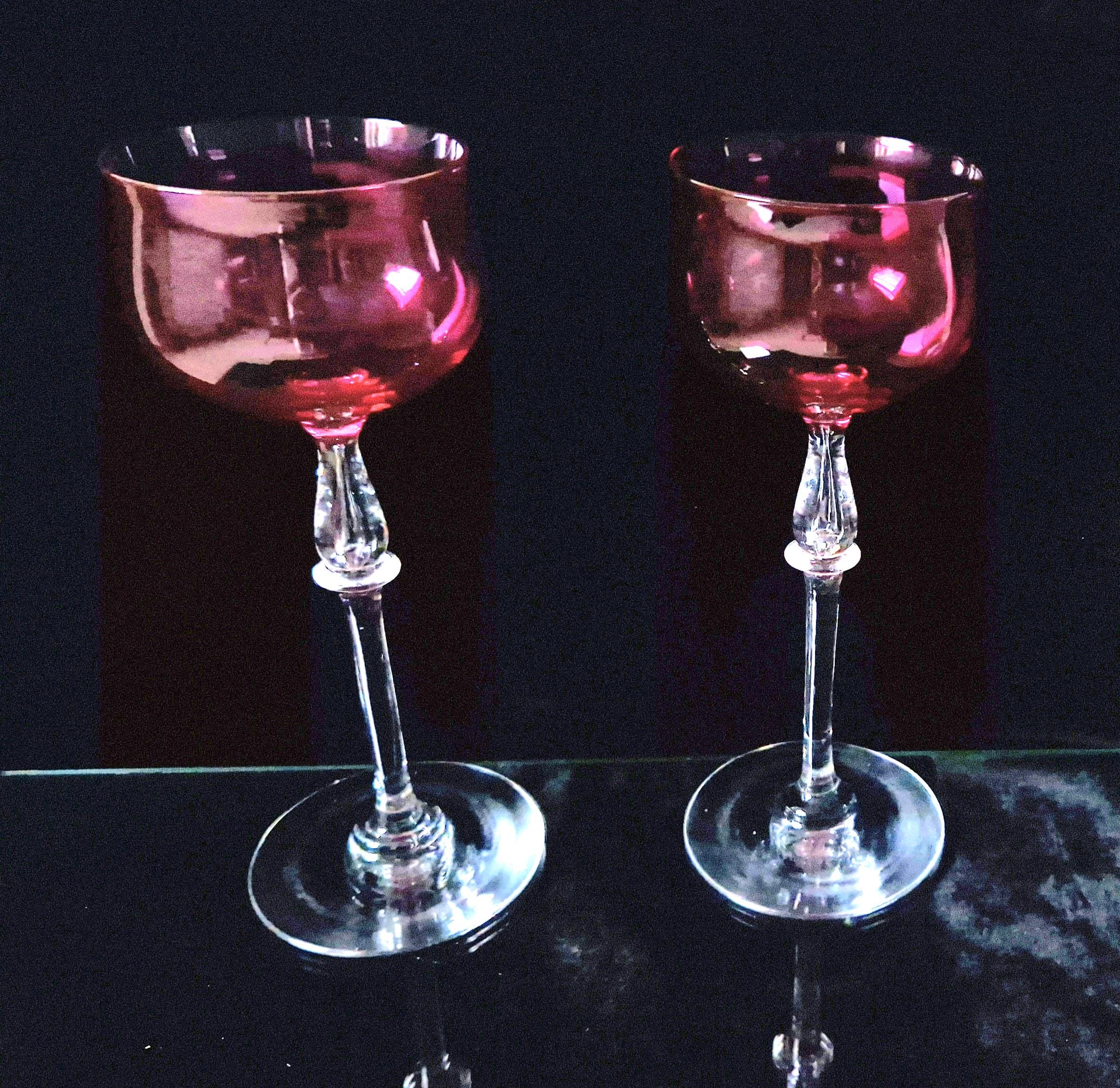 Art Nouveau Cranberry Wine Glasses: French 'Nancy' Airtear Stem, c.1910 (Set of 2)