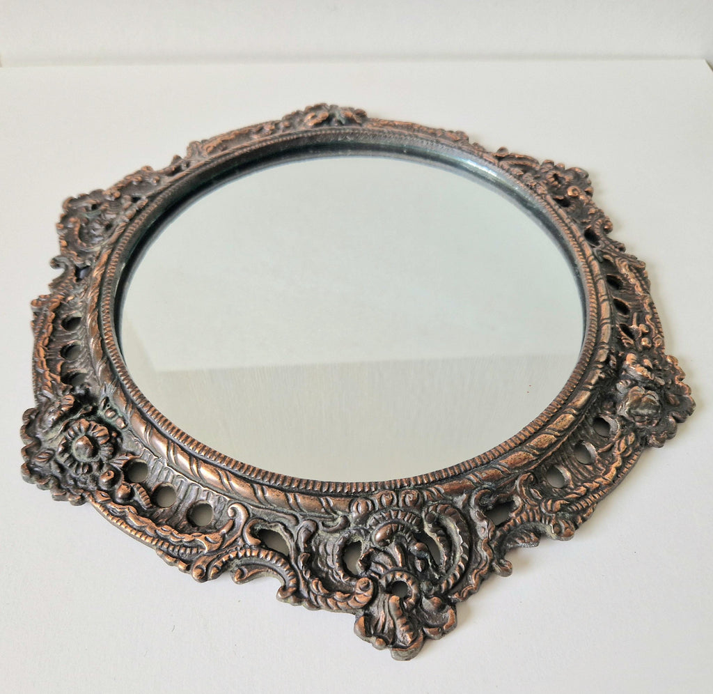 Antique Art Nouveau Heavy Cast Copper Metal Ornate Floral Rococo Round Wall Mirror 31cm