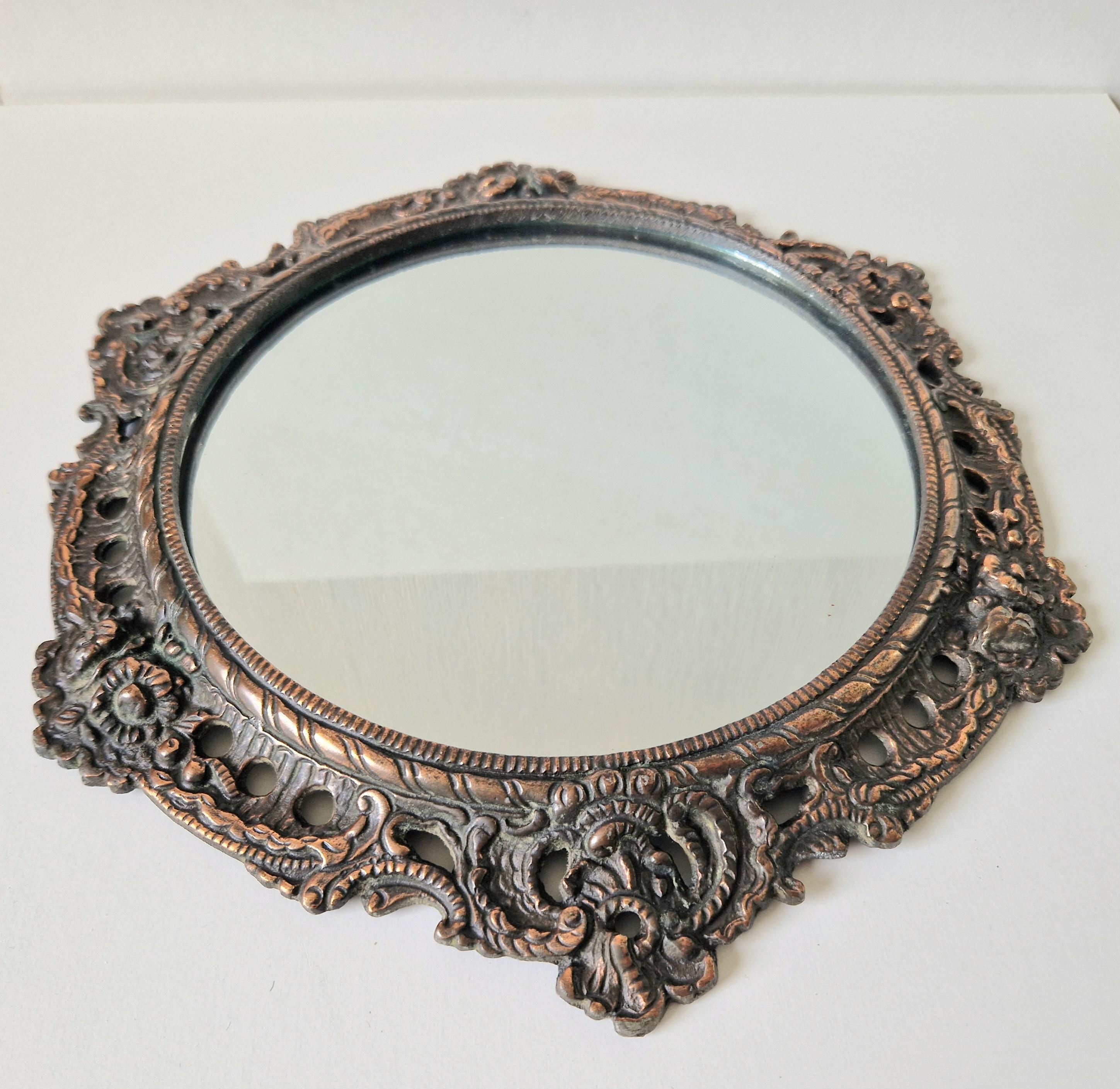 Antique Art Nouveau Heavy Cast Copper Metal Ornate Floral Rococo Round Wall Mirror 31cm