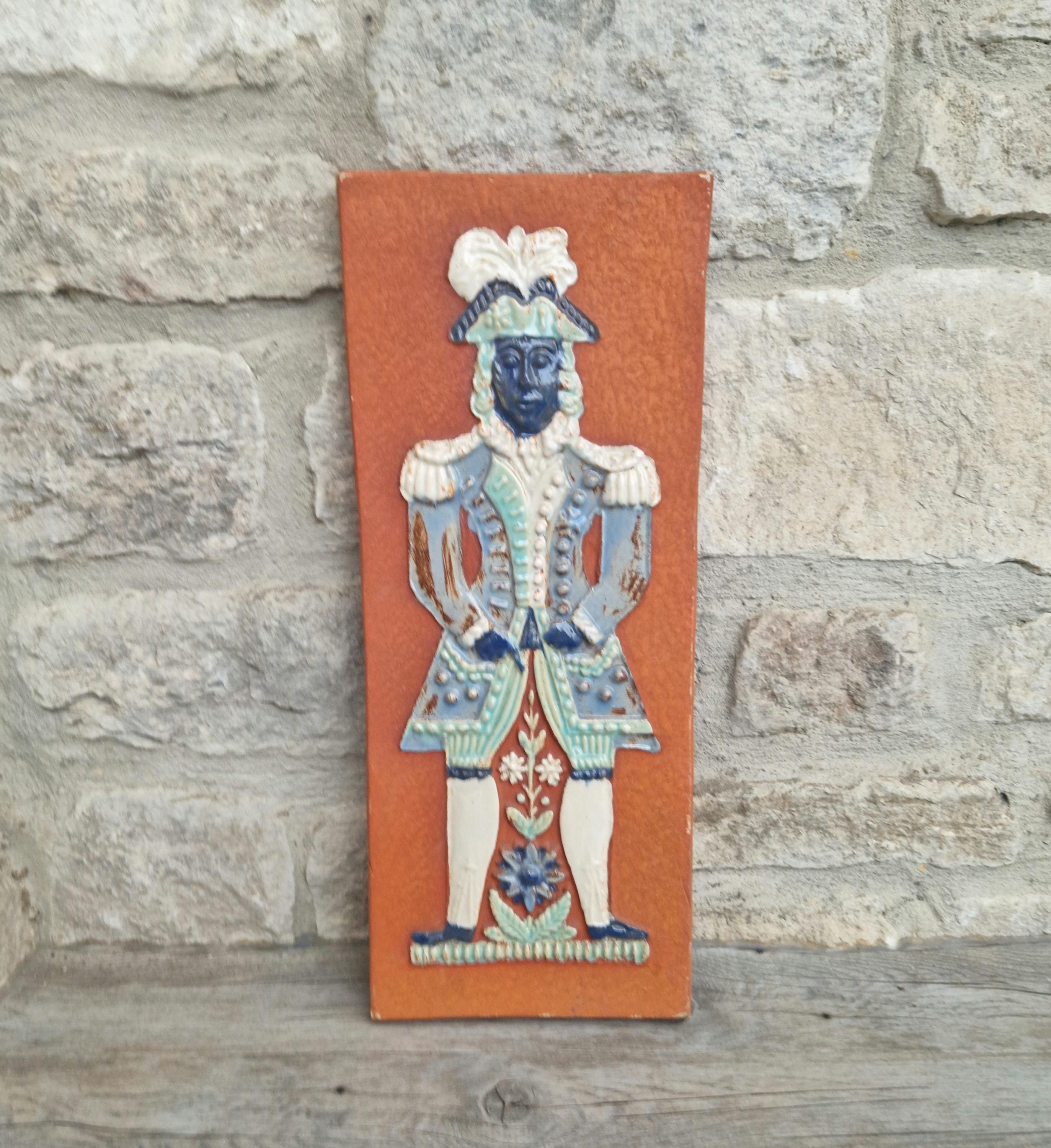 Vintage Large Mid-Century Continental Figural Glazed Ceramic Art Tile Plaque