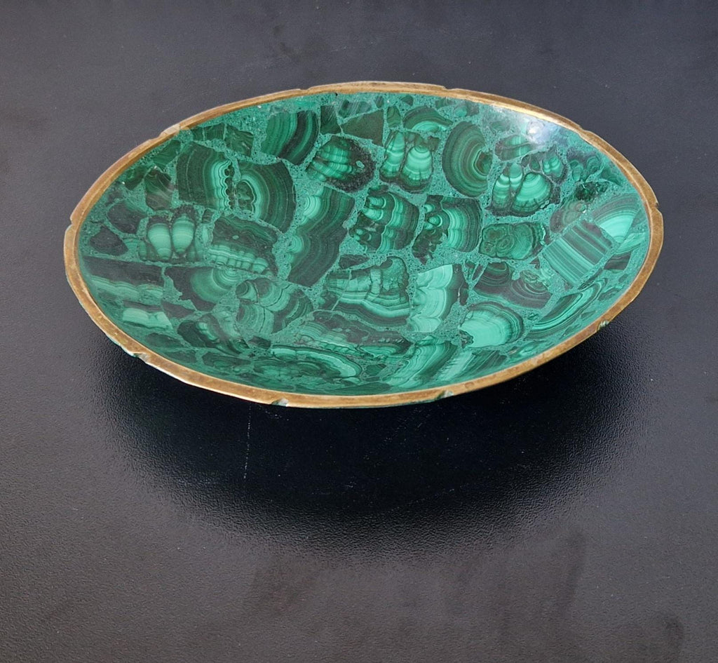 Fine Midcentury Malachite & Brass Oval Vide Poche Catch-All Decorative Bowl