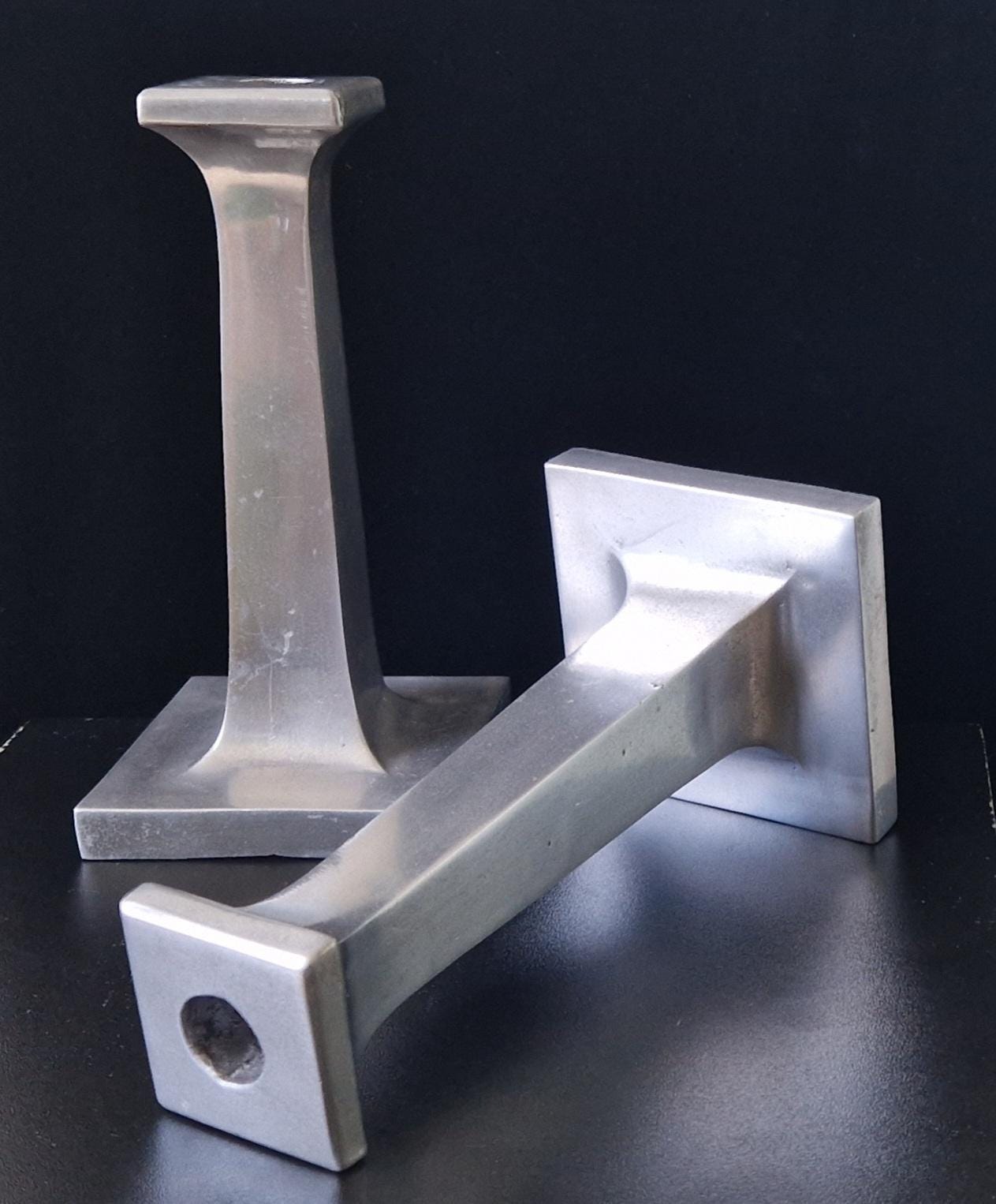 Pair of Solid Cast Aluminium Arts & Crafts Geometric Column Candlestick Holders