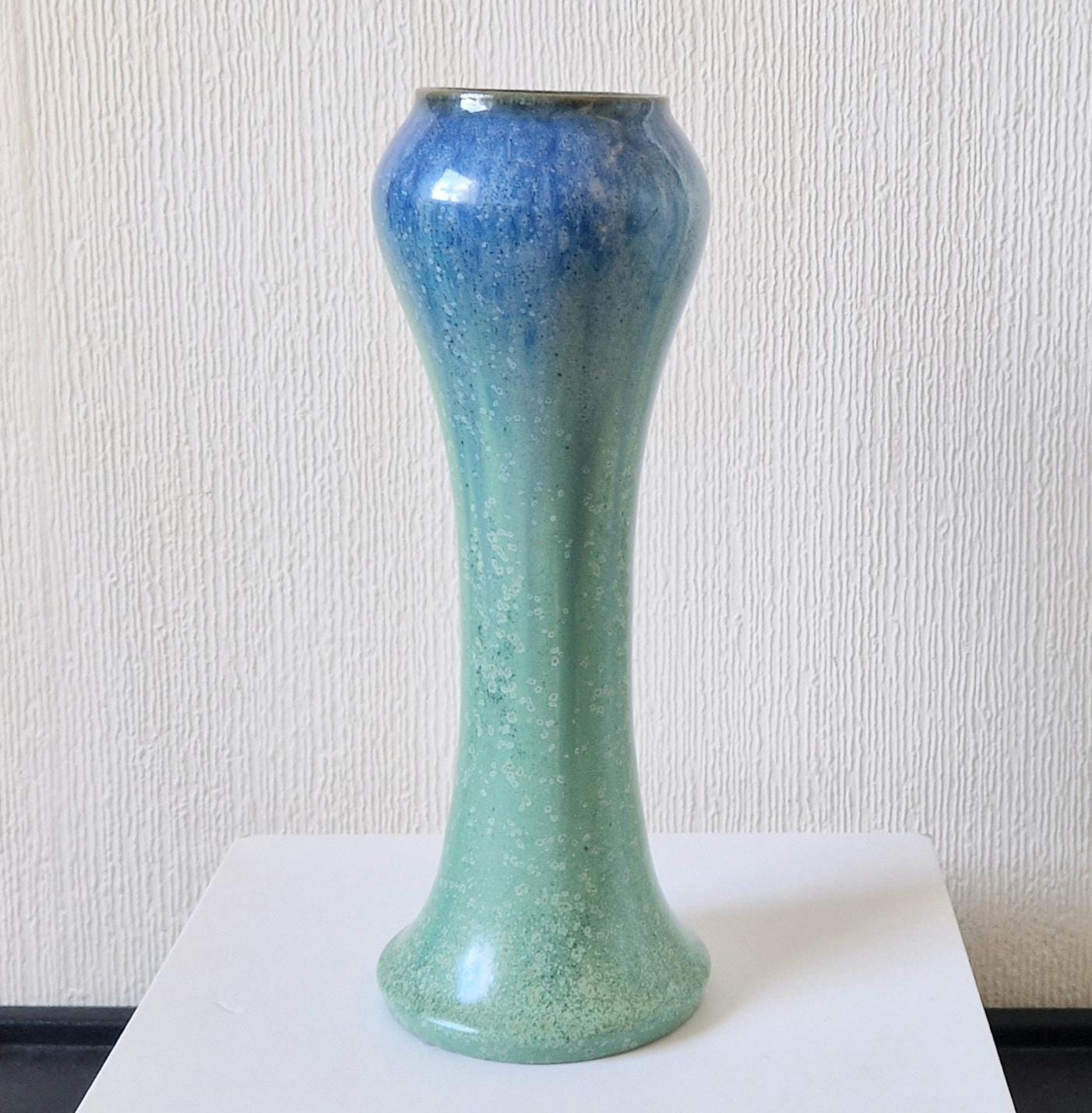 Antique Art Nouveau Tall Inverted Baluster Blue Green Glaze Ceramic Vase 27cm