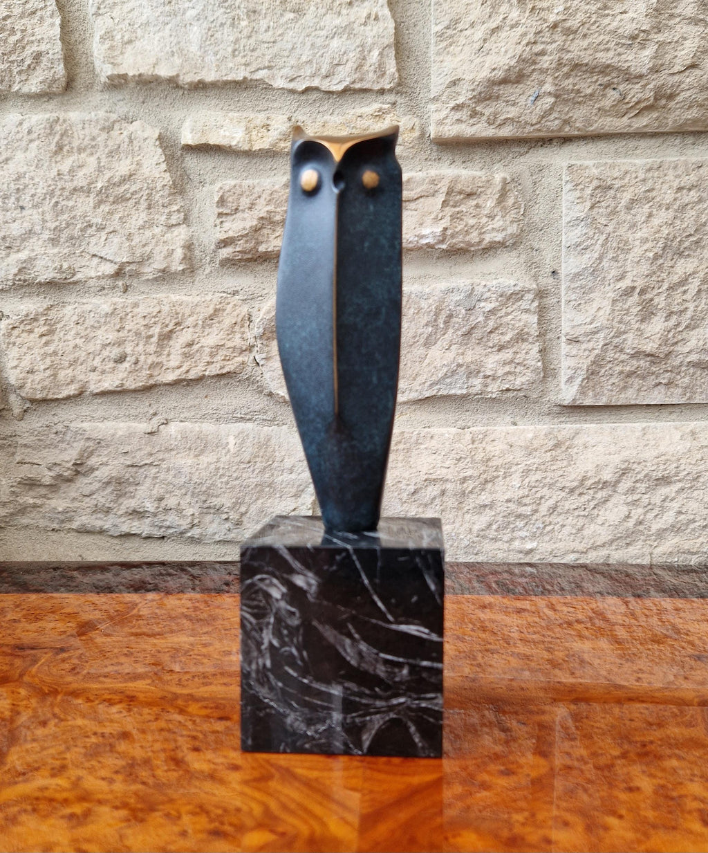 Vintage José Luis PEQUEÑO Sculpture Patinated Bronze Owl With Black Veined Italica Marble Plinth