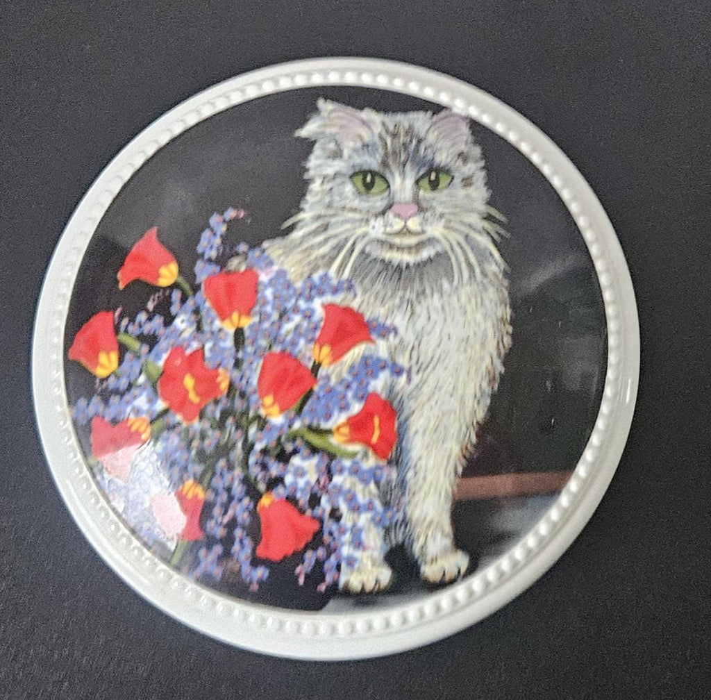 Vintage Villeroy Boch Cat Trinket Pot: Fluffy Grey Cat, Red Flowers