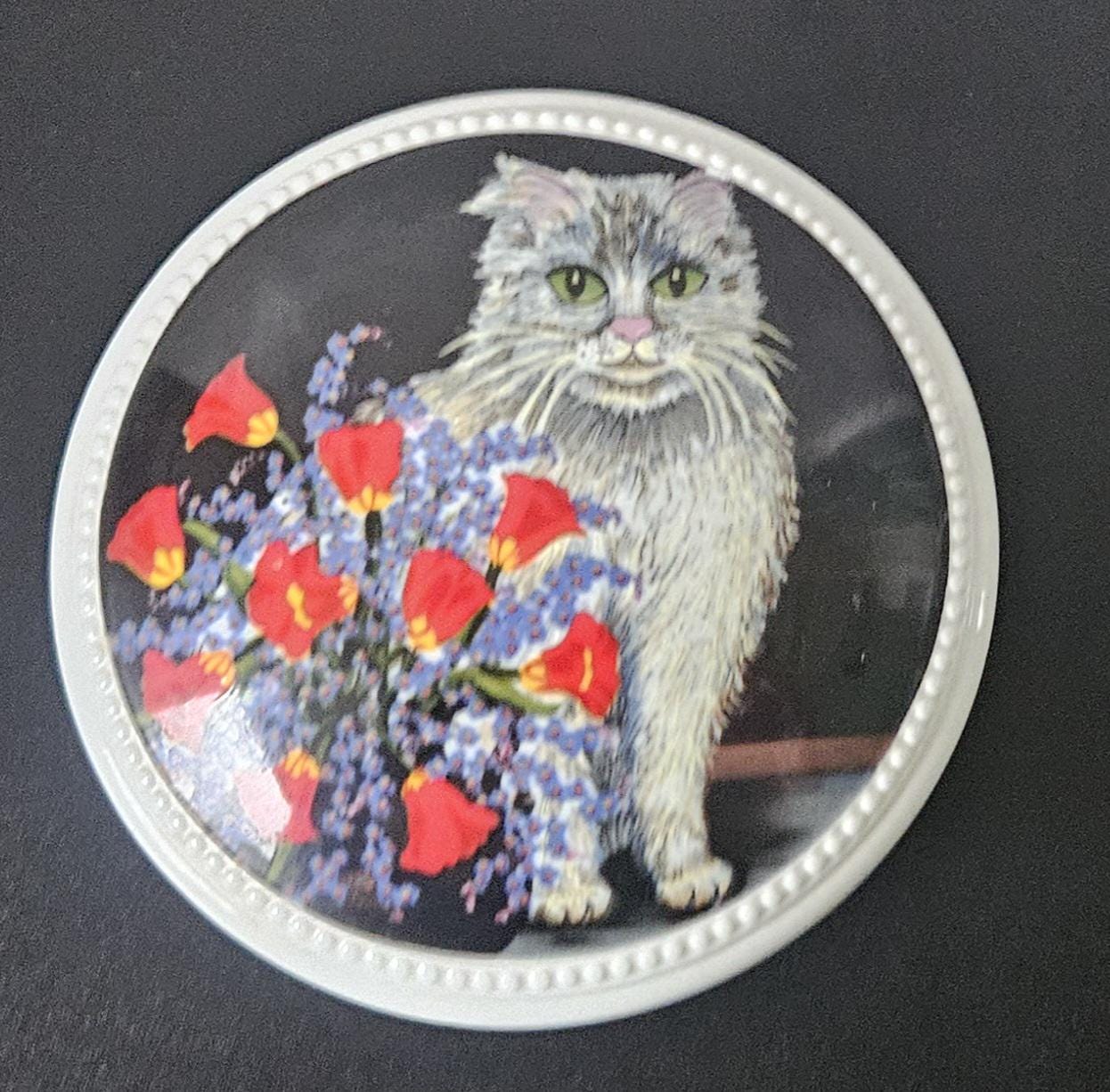 Vintage Villeroy Boch Cat Trinket Pot: Fluffy Grey Cat, Red Flowers