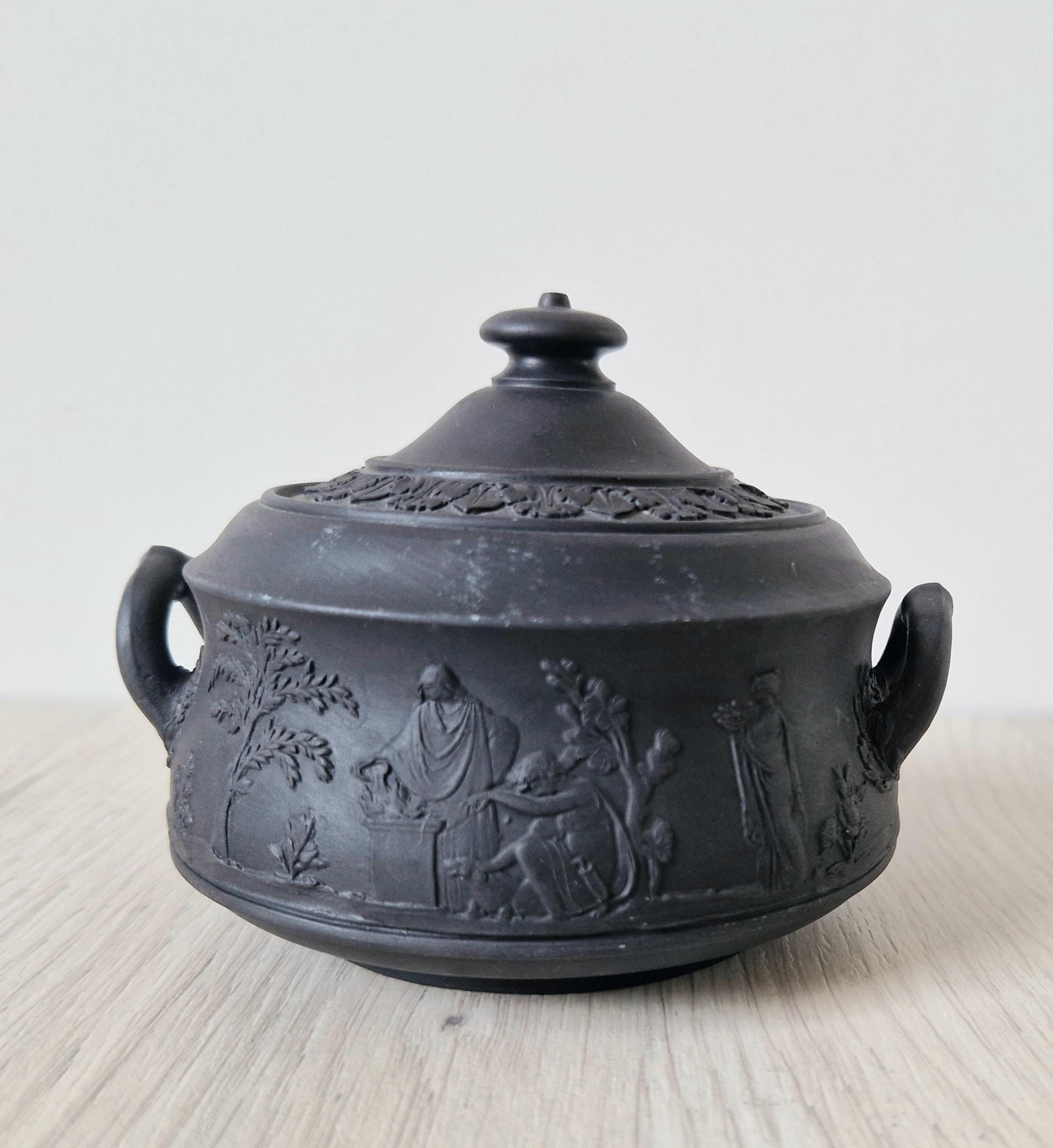 Vintage Black Basalt Wedgwood Neo-Classical Twin Handle Lidded Sugar Box