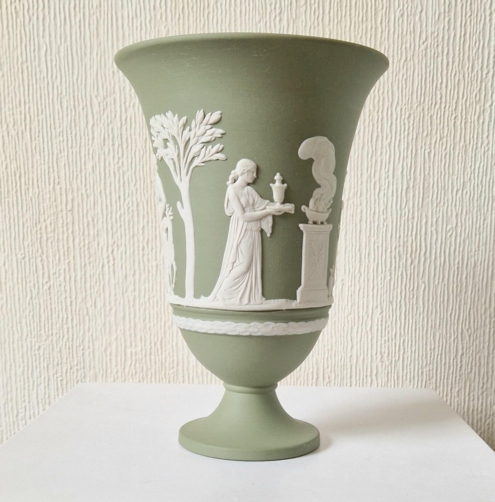 Wedgwood Sage Green Jasperware Arcadian Pedestal Trumpet Mantle Vase - Vintage.Made in England 17cm Tall