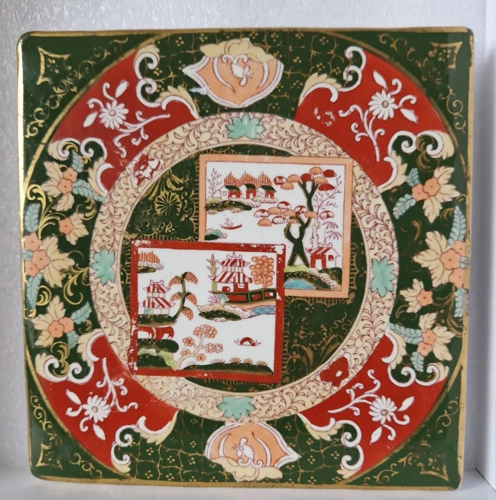 Antique Ashworth Bros. Masons Ironstone Trivet Double Landscape Pattern Square Imari Rare 19th Century