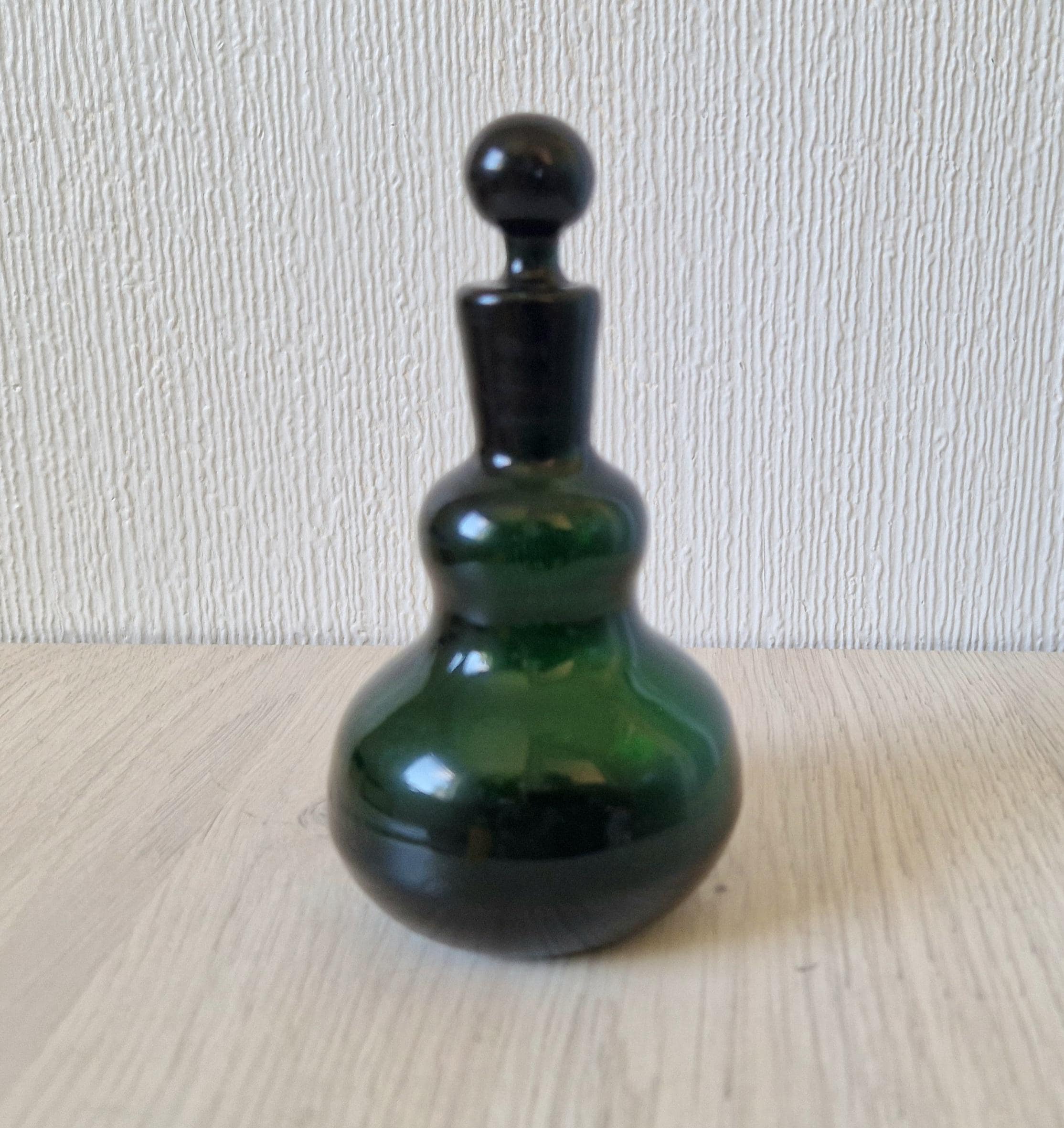 Antique Hand-Blown Dark Green Glass Small Gourd Bottle & Stopper 15cm