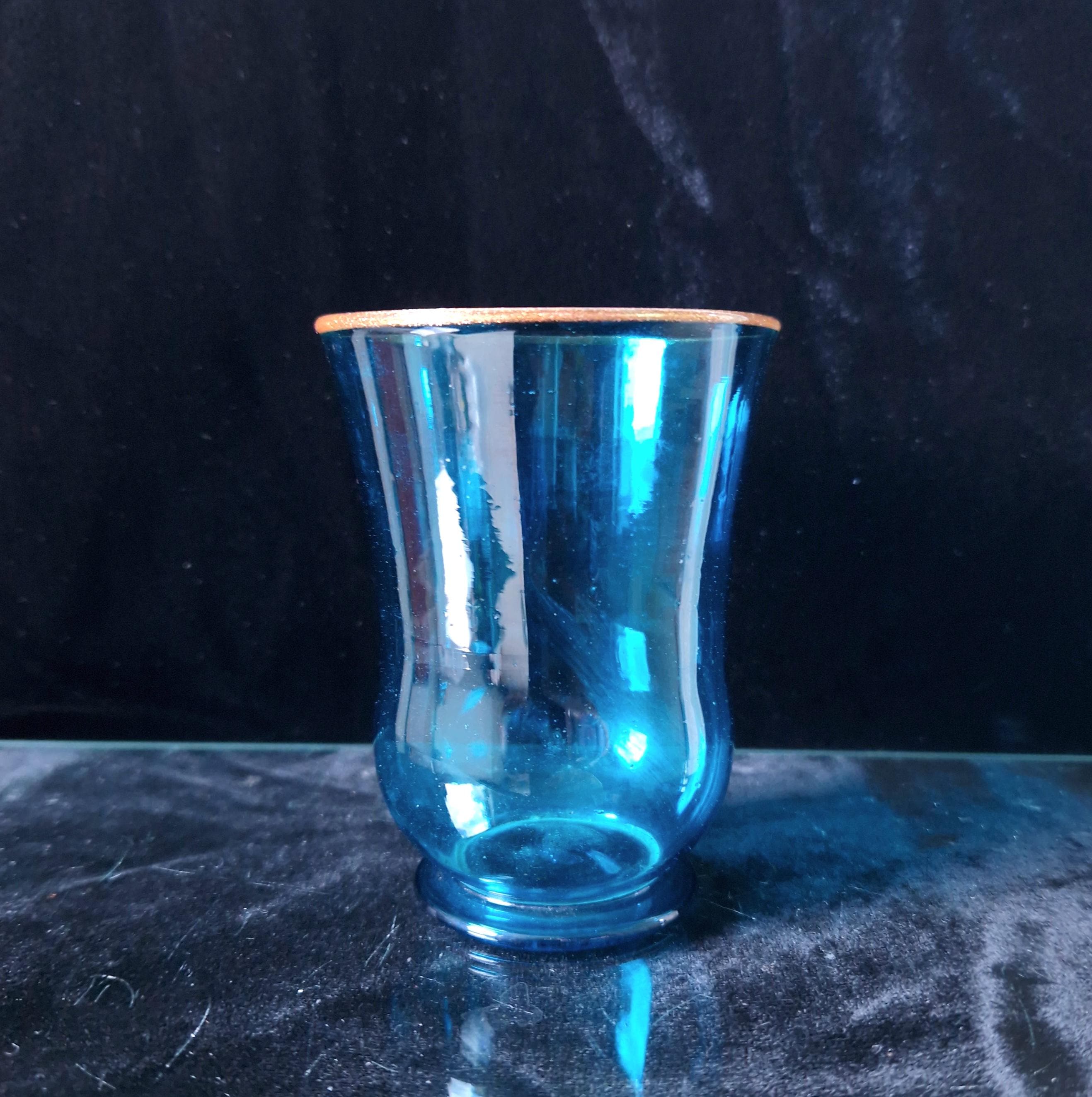 19th Century Hand Blown Peacock Blue Glass Beaker: Aventurine Rim