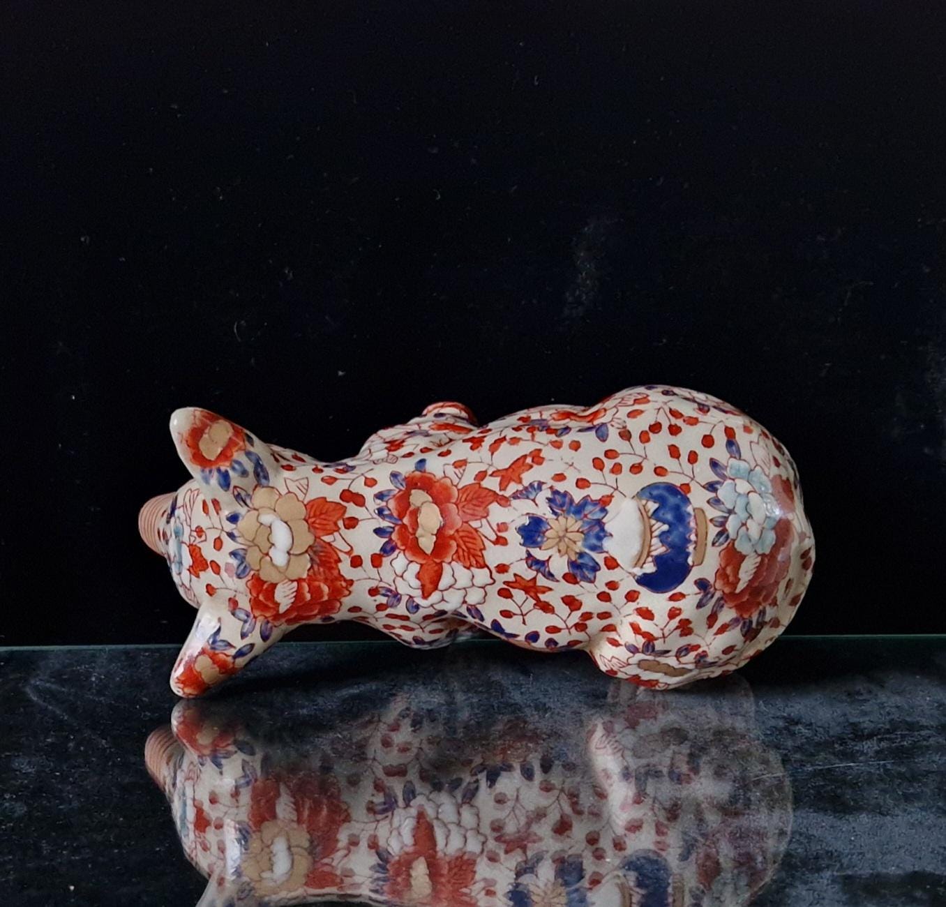 Imari Pattern Chinese Ceramic Floral Seated Pig Figure Ornament 18cm Antique