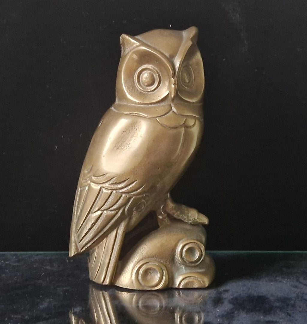Vintage Heavy Mcm Cast Brass Owl Figure Ornament Scandi Style 16cm Tall Unpolished