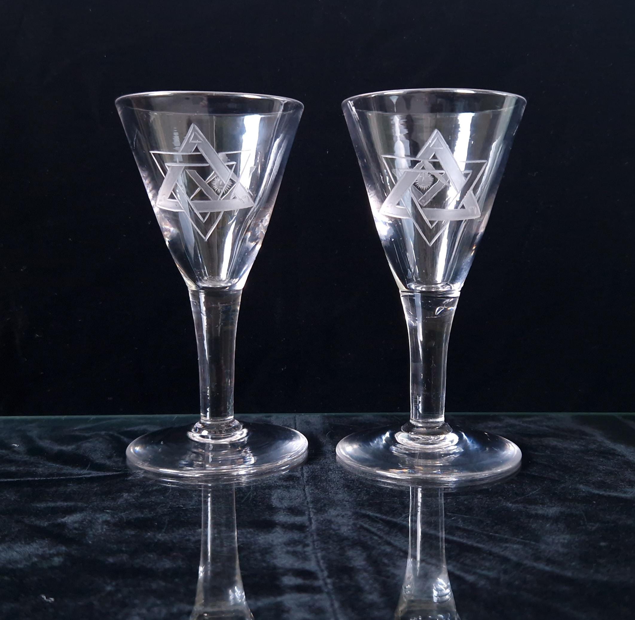 Antique Masonic Port Wine Glasses: 19th Century Engraved Crystal Pair