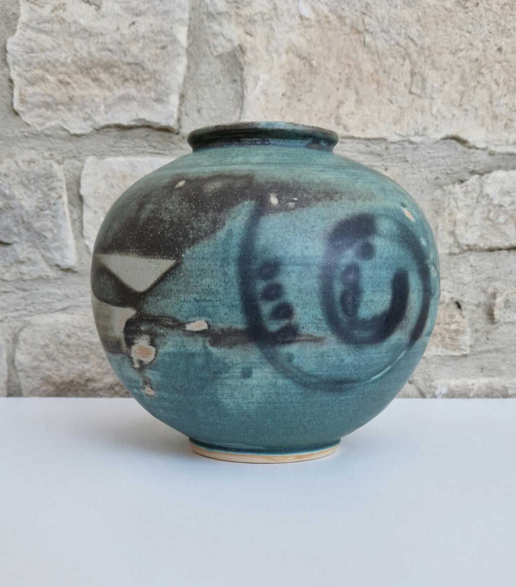 Large Vintage Raku Studio Art Pottery Aqua Glaze Globe Vase Signed