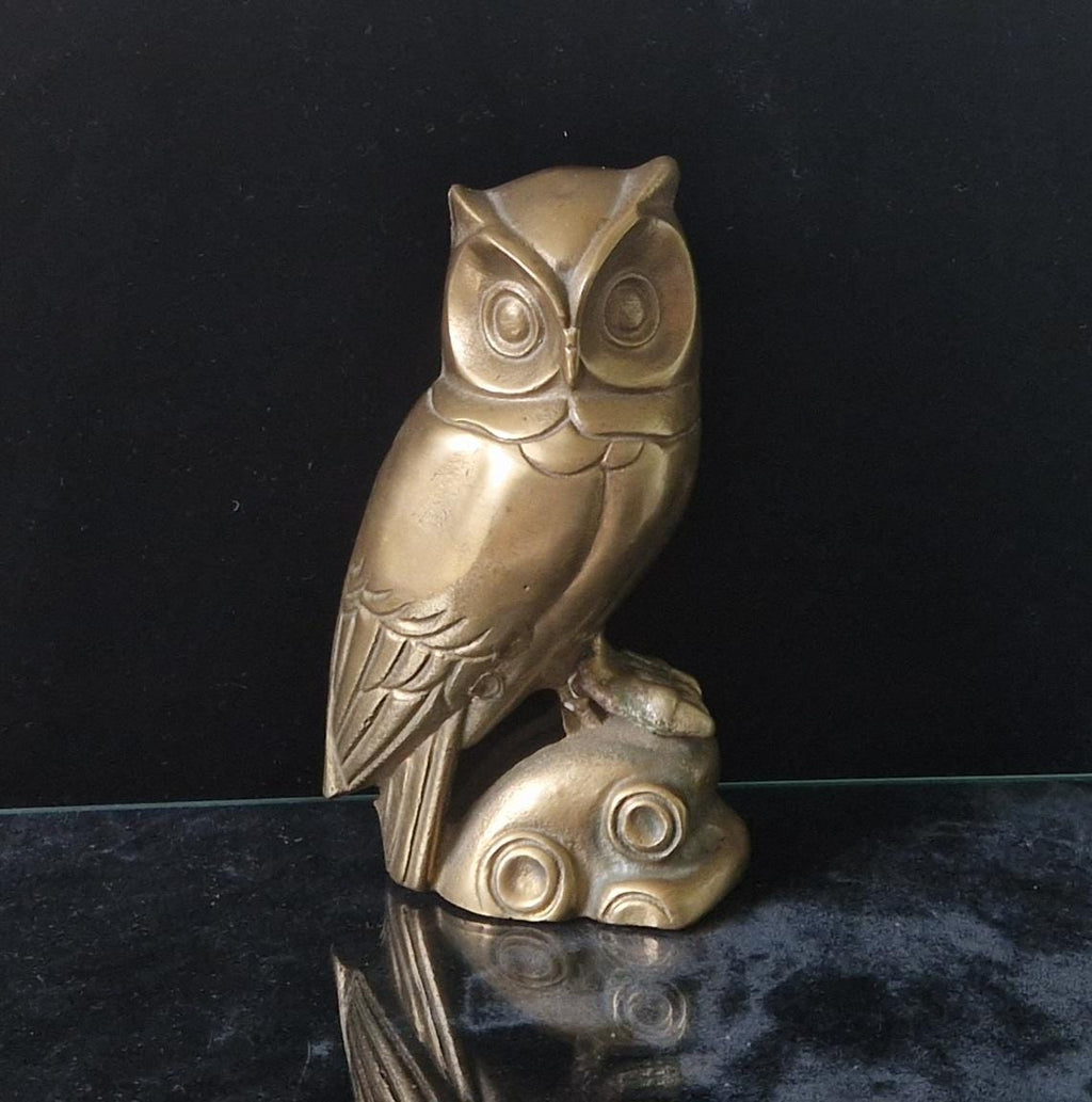 Vintage Heavy Mcm Cast Brass Owl Figure Ornament Scandi Style 16cm Tall Unpolished