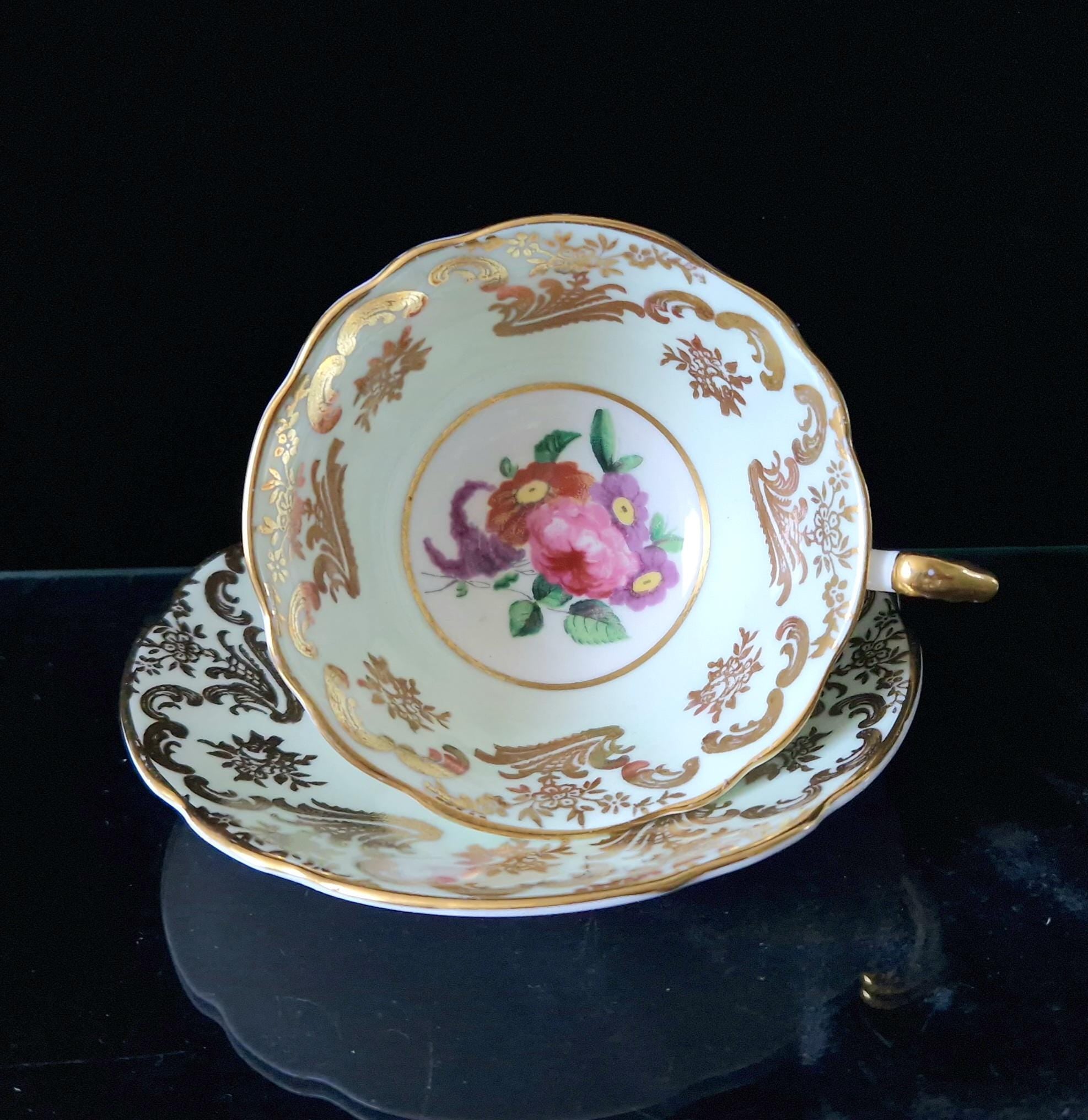 Paragon Mint Green Cabbage Rose Tea Cup & Saucer Set (4) Vintage Gold Gilt China