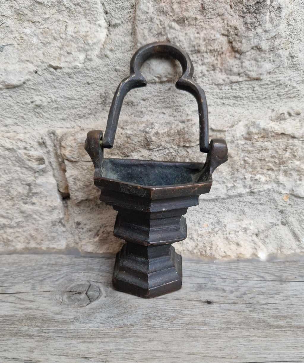 Antique Flemish Bronze Tri-Foil Handled Gothic Holy Water Pail c17th Century