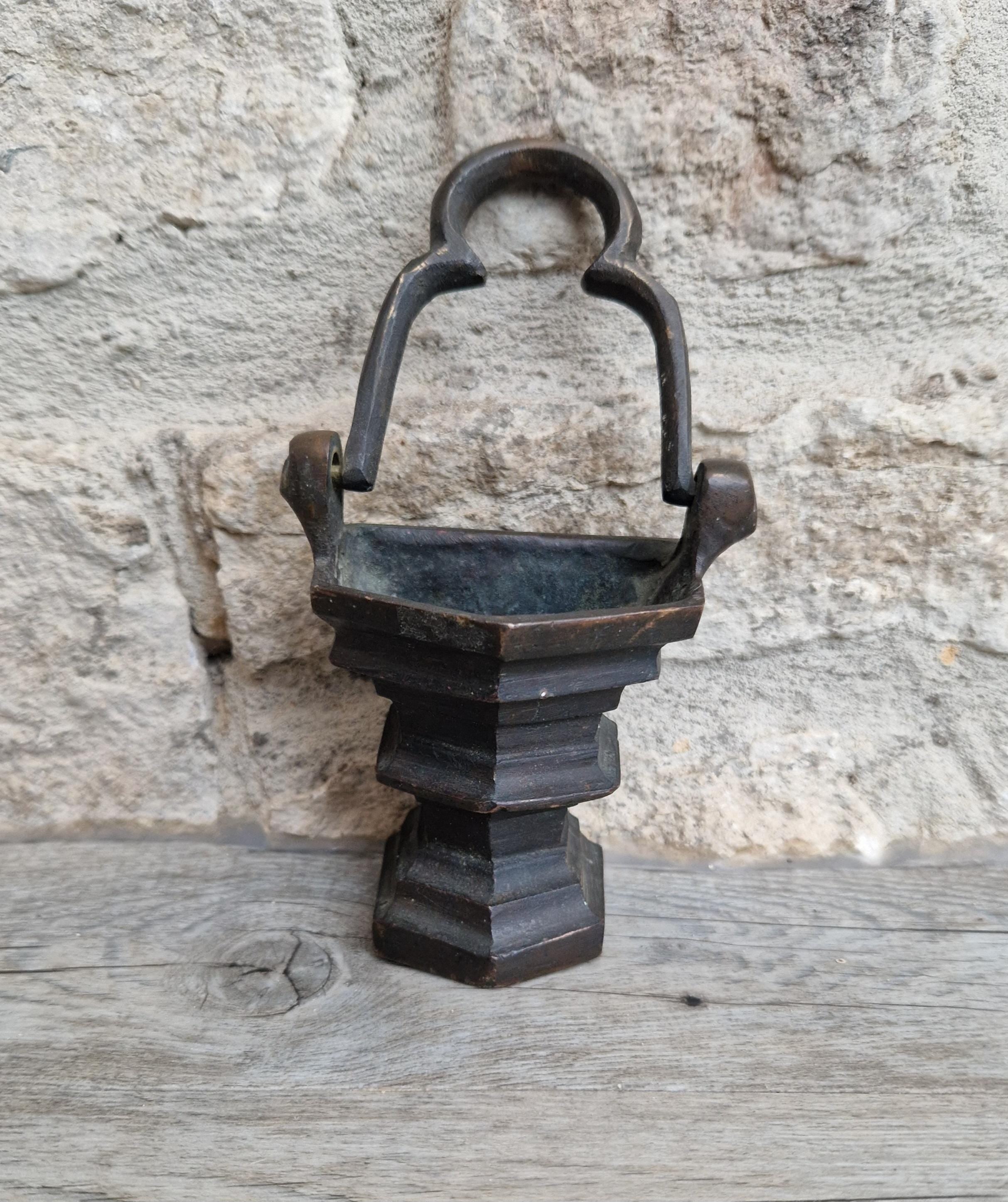 Antique Flemish Bronze Tri-Foil Handled Gothic Holy Water Pail c17th Century