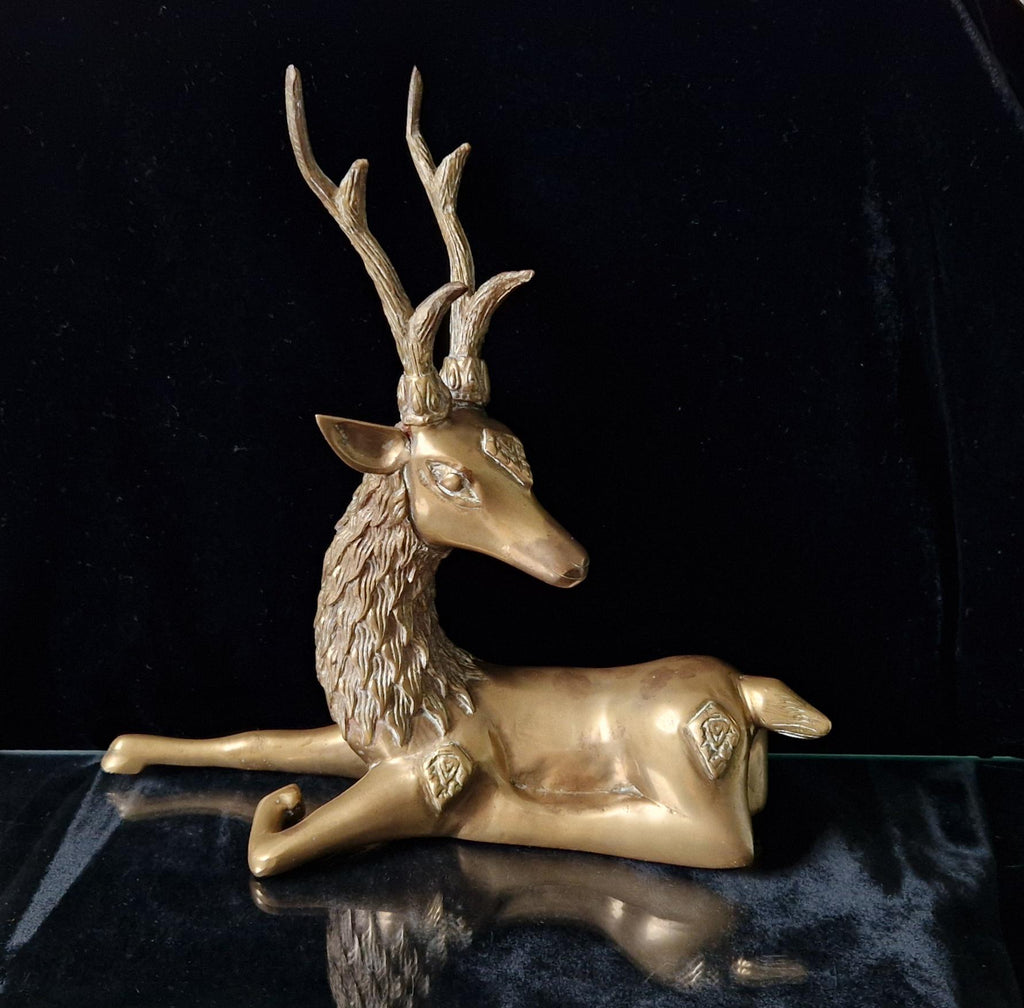 Vintage Heavy Brass Recumbant Deer Art Sculpture a la Sarreid Design Desk Ornament 1970's