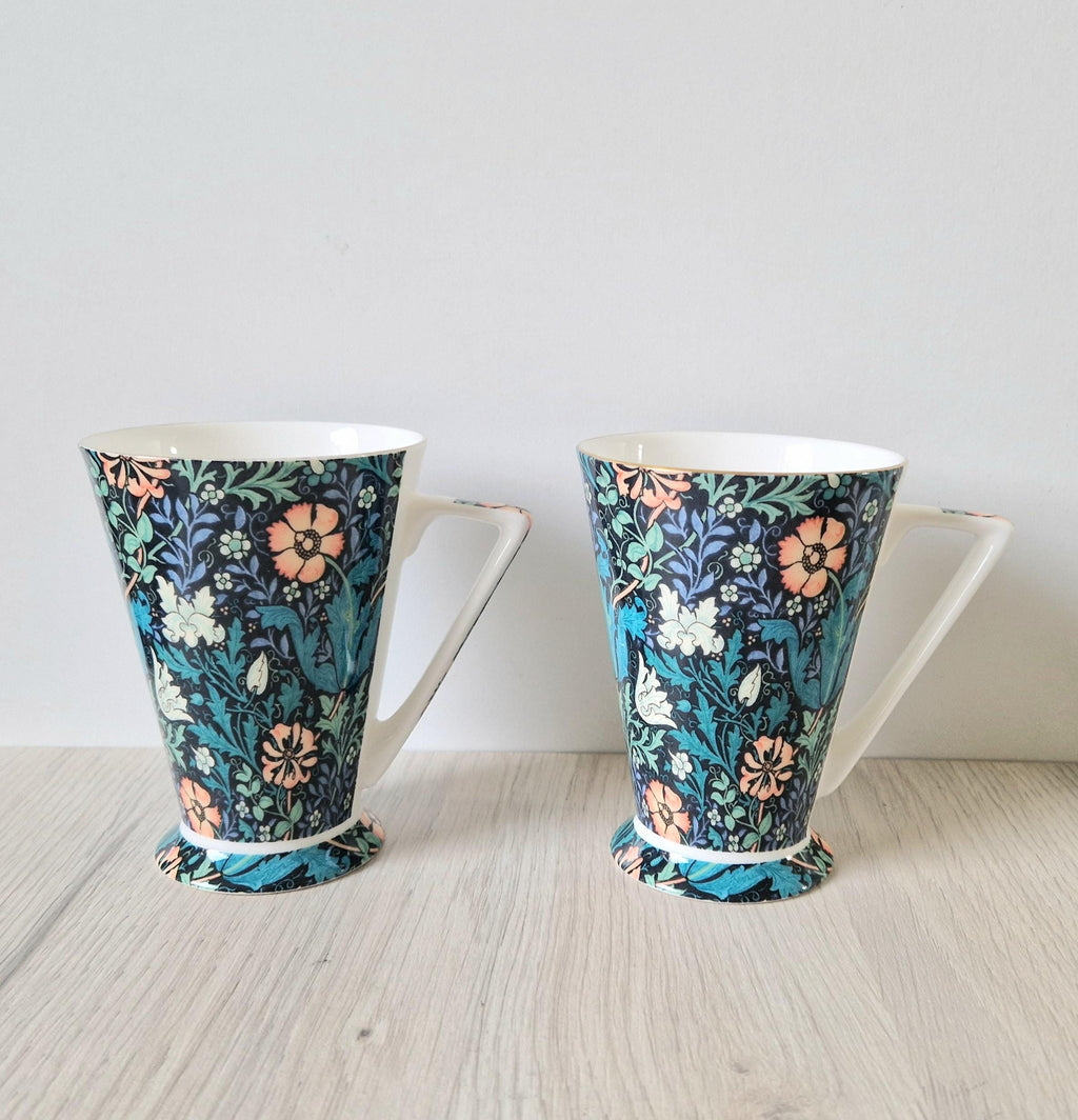 2 x Morris & Co Queens Compton Floral Art Deco Footed Bone China Coffee Mugs