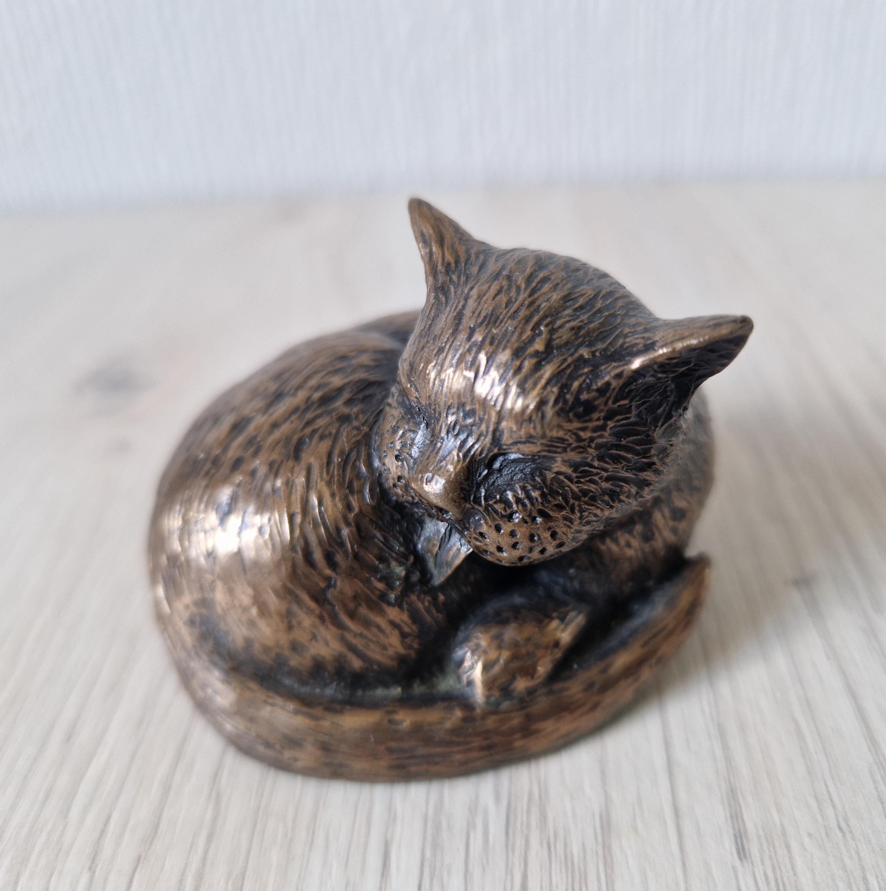 Vintage Cold Cast Bronze Resin Curled Licking Cat Figure Ornament