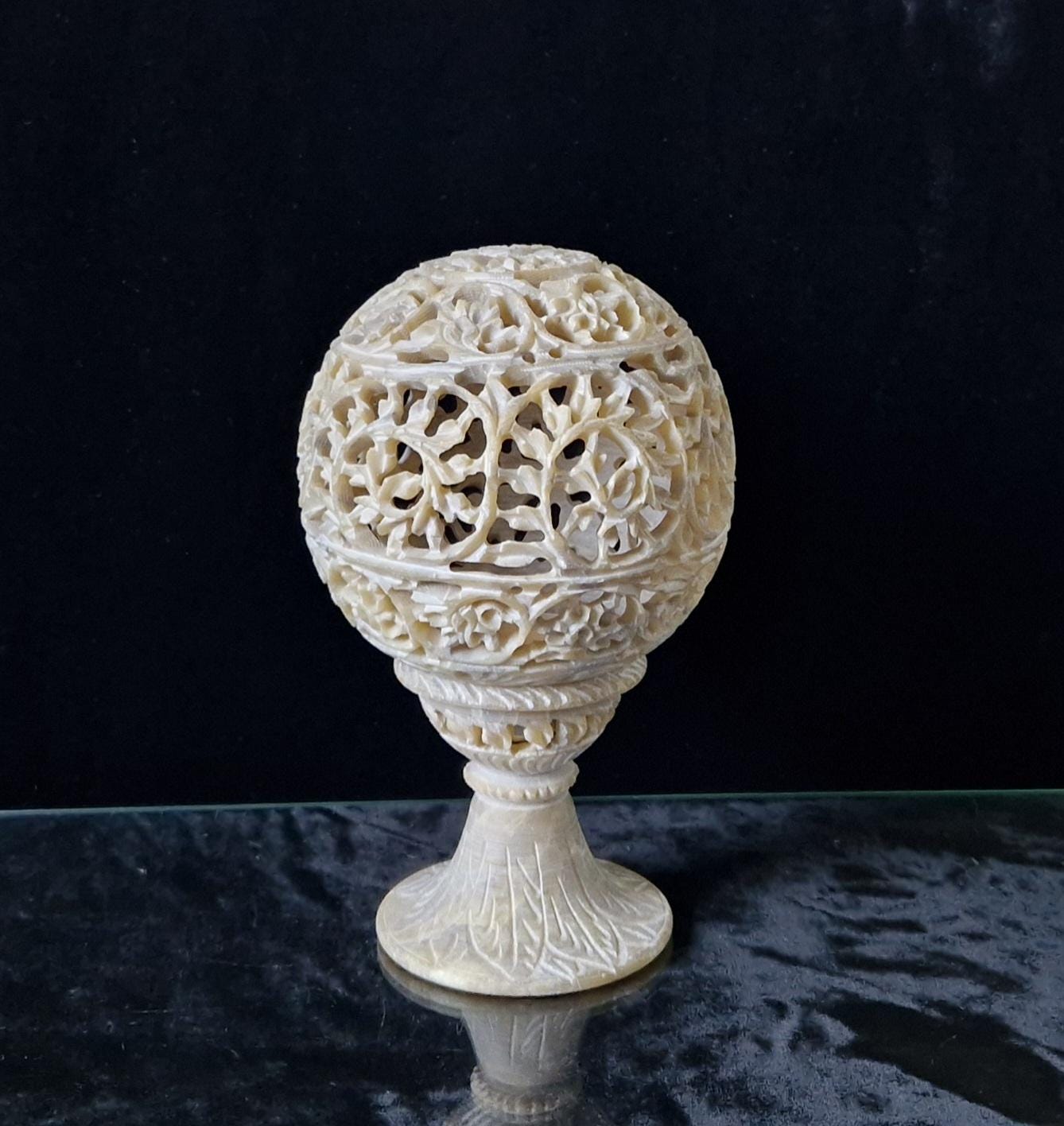 Vintage Carved Soapstone Ornate Floral Pierced Globe Tealight Lantern 17cm
