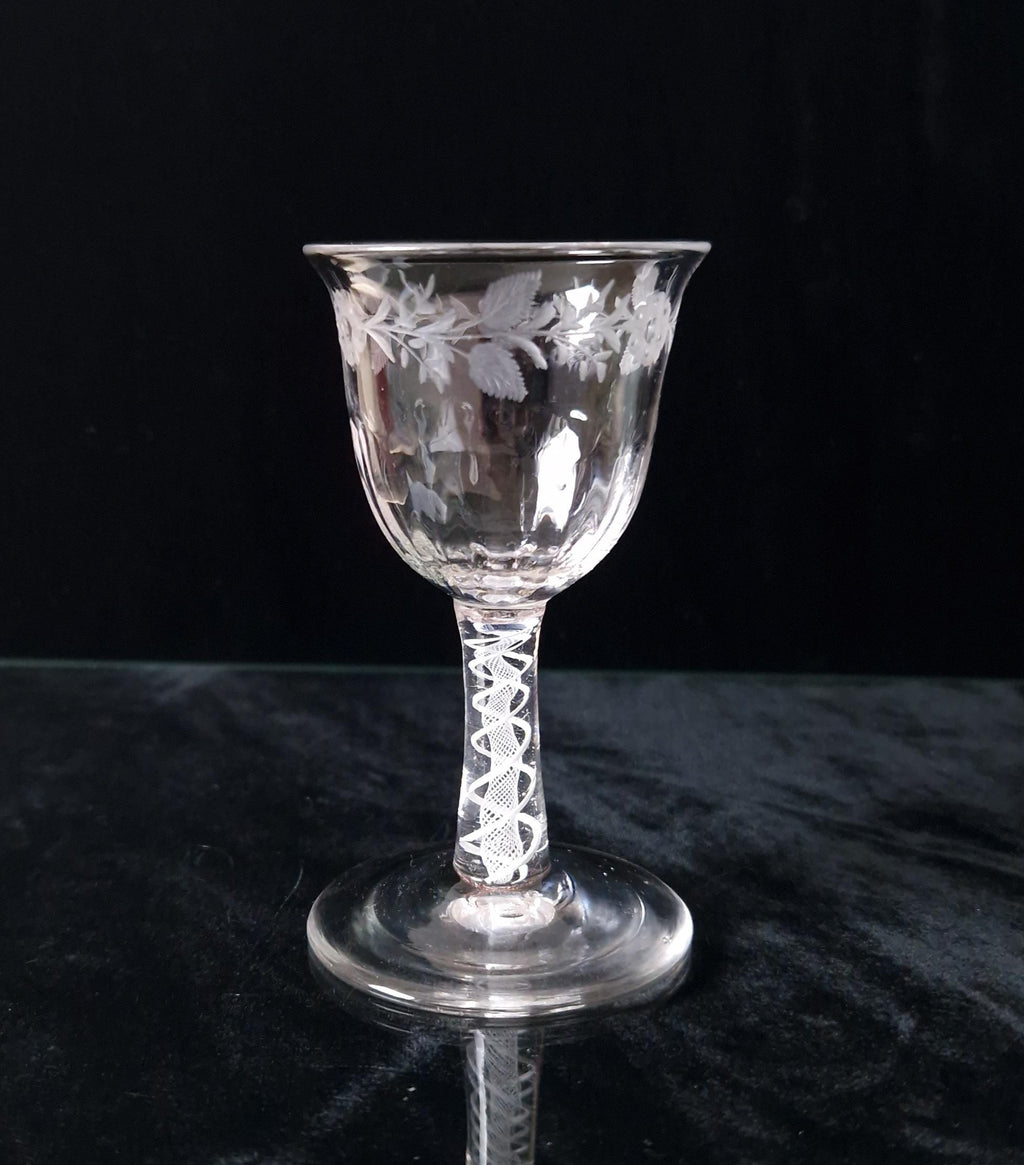 18th Century Jacobite Engraved Flute Moulded Double Series Airtwist Stem Cordial Liquor Glass