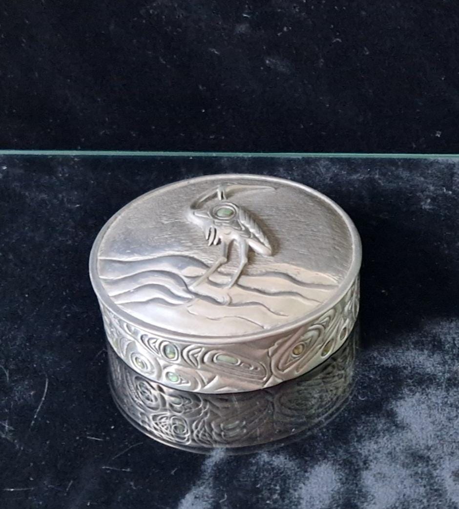 Vintage Mid Century Pewter & Glass Bead Heron Relief Trinket Box