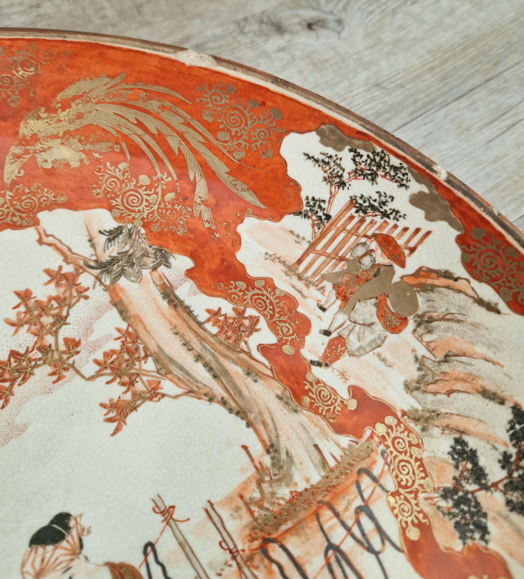 Antique Japanese Kutani Ware Meiji Period Porcelain Large Charger Iron Red Glaze With Gilt Accents 38cm