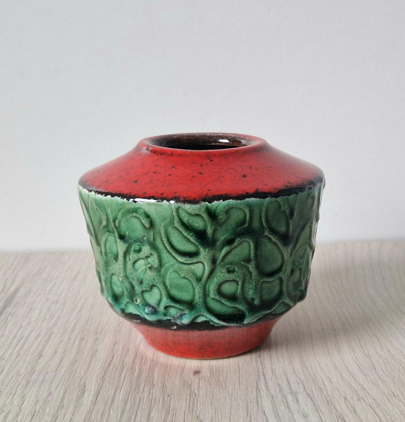 Mid-Century West German Green & Red Squat Fat Lava Vase 8cm