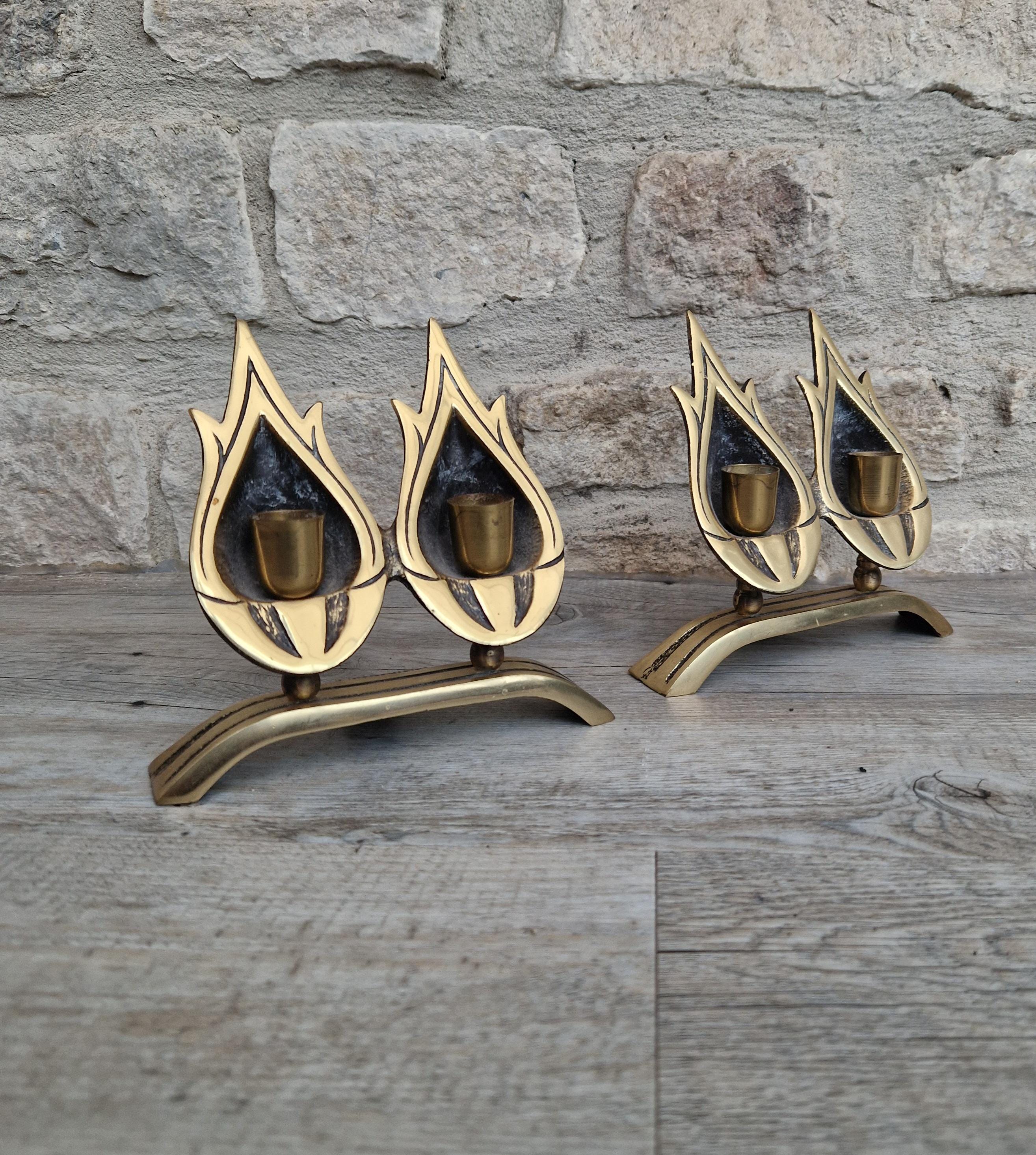 A Pair of Vintage Judaica Sabbath Double Flame Brass Candlestick Holders by Hen-Holon