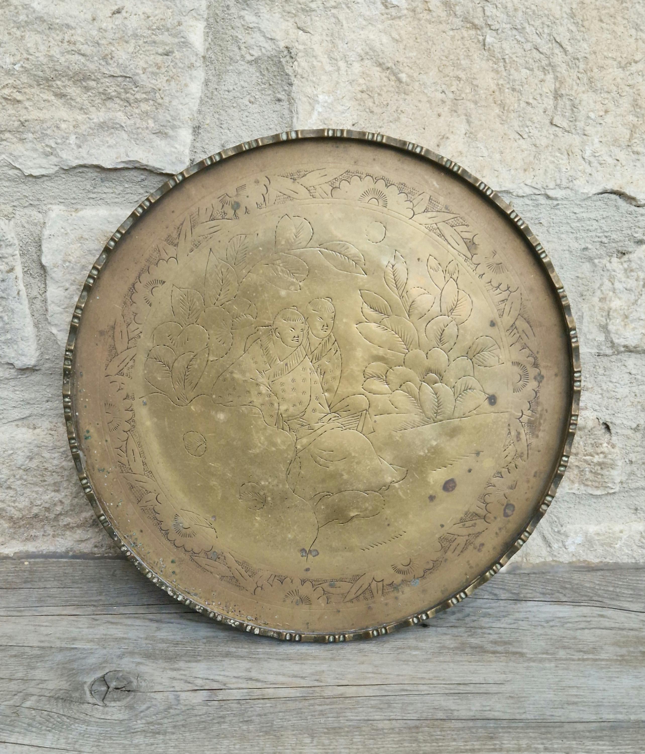 Antique Chinese Engraved Brass Round Opium Tray c1900 27.5cm