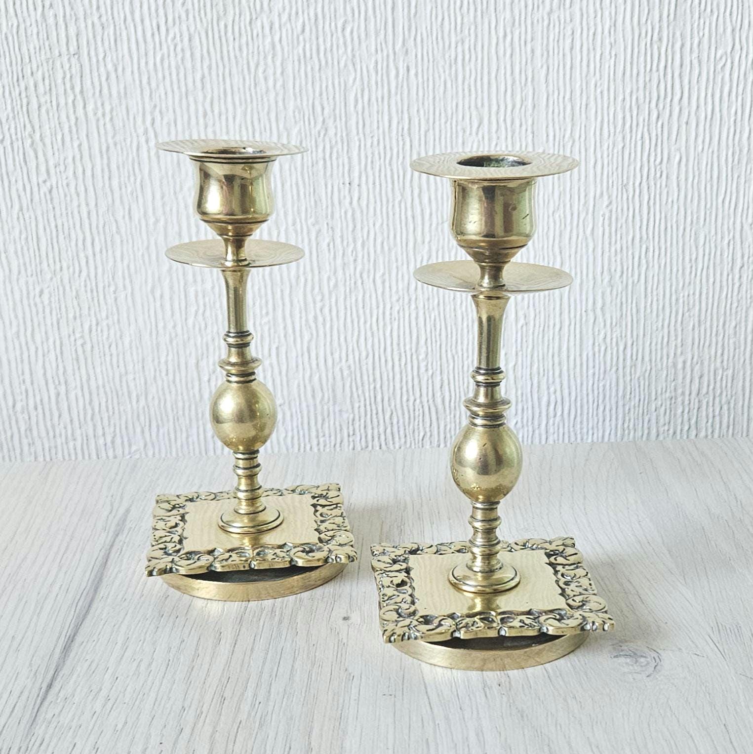 Vintage Small Ornate Brass Candlesticks Matching Pair of Gold Brass Heavy Quality 14cm Tall