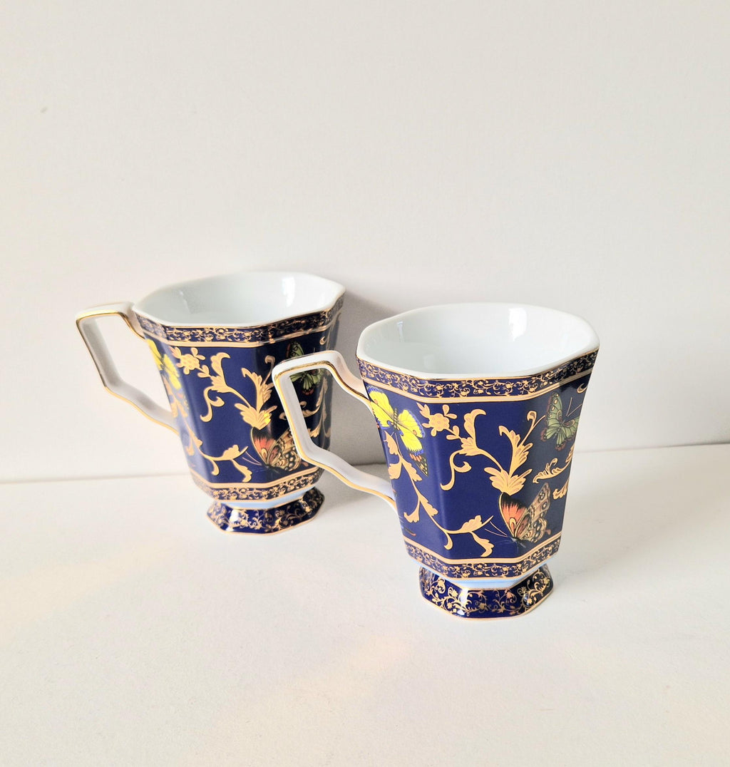 Vintage Butterfly Mugs Past Times Dark Blue & Gold, Set of 2