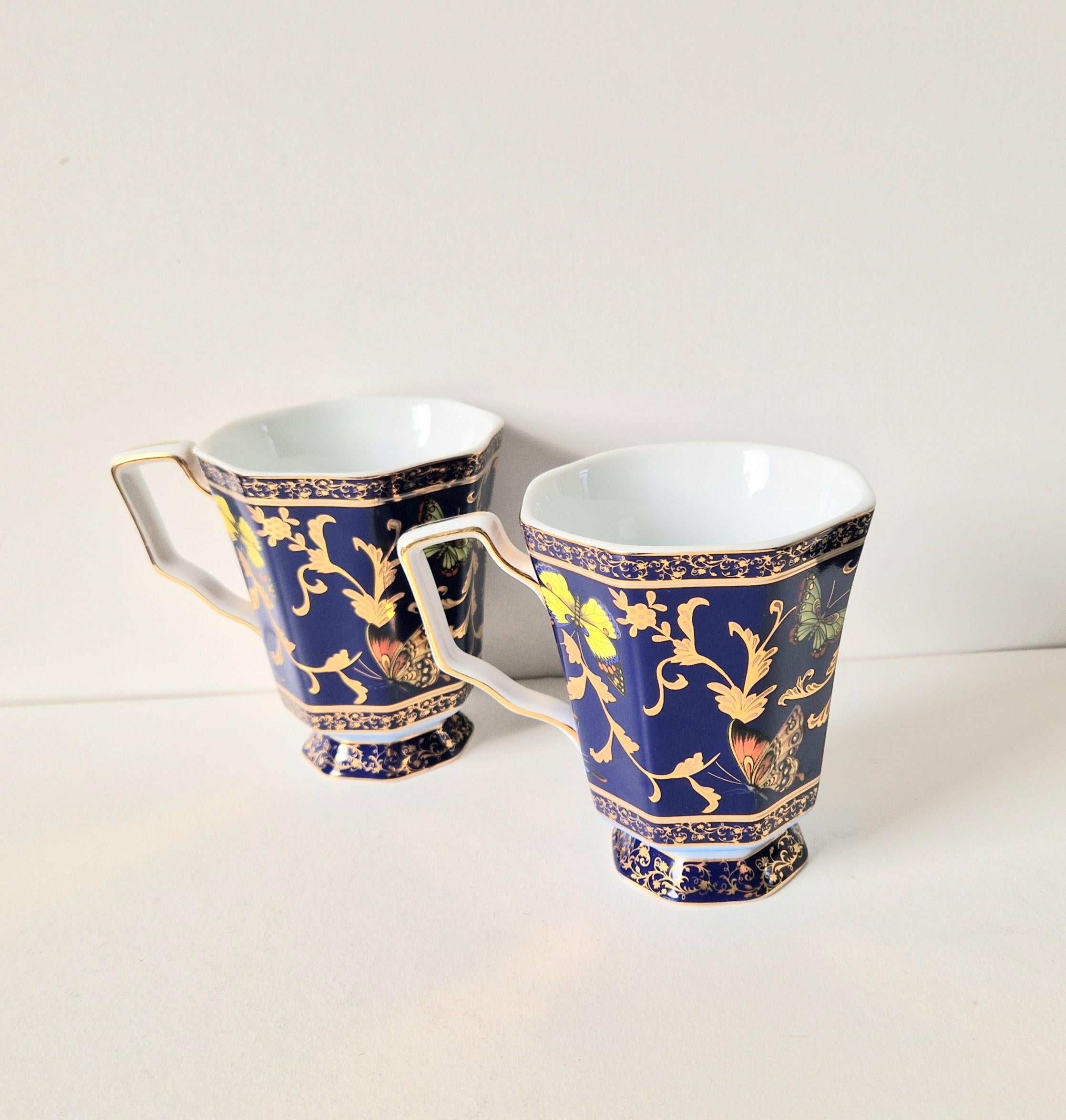 Vintage Butterfly Mugs Past Times Dark Blue & Gold, Set of 2