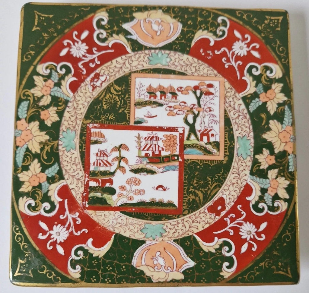 Antique Ashworth Bros. Masons Ironstone Trivet Double Landscape Pattern Square Imari Rare 19th Century