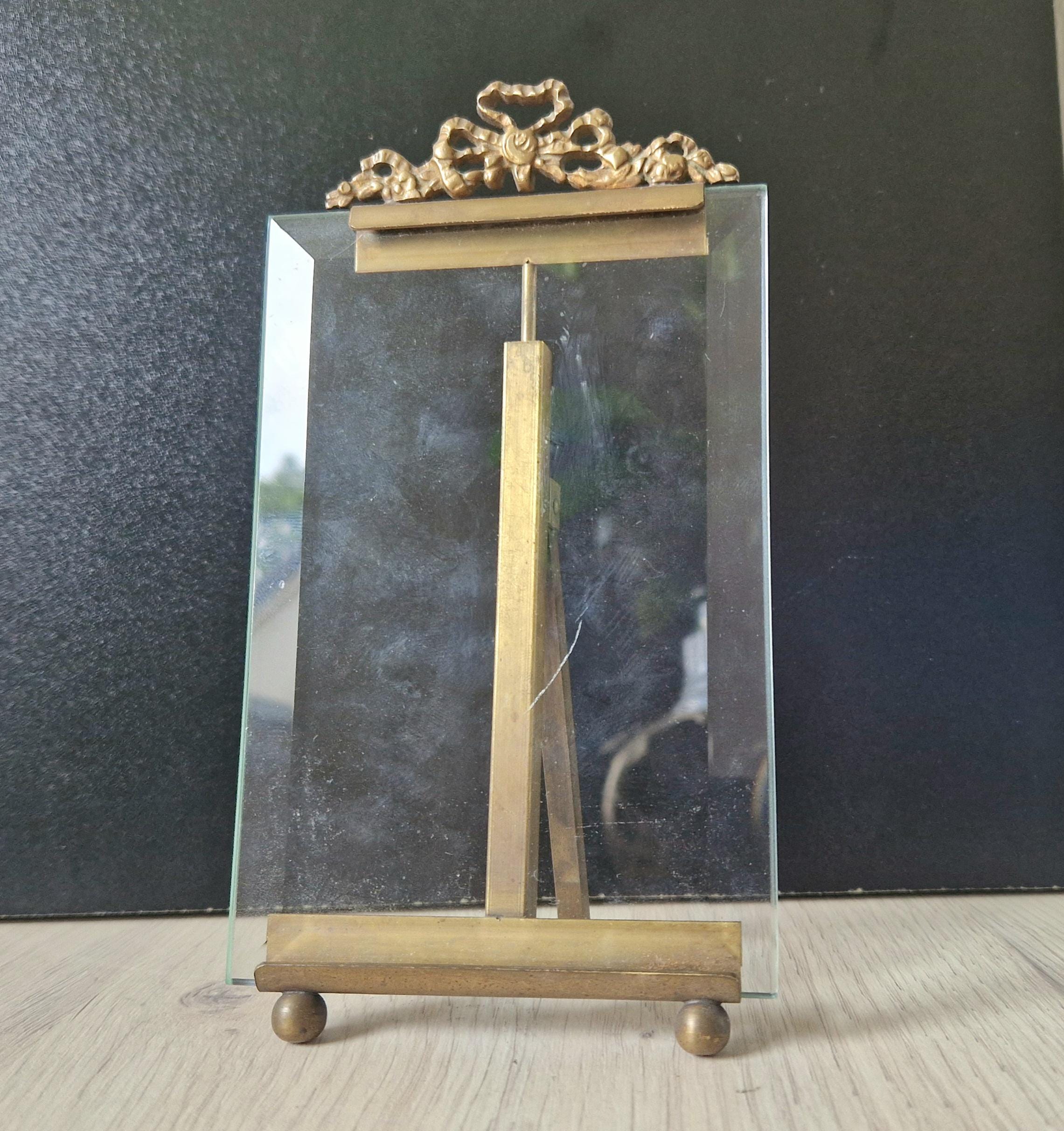 2 x Vintage Small Rectangular Ornate Brass & Bevelled Glass Photo/Display Stands
