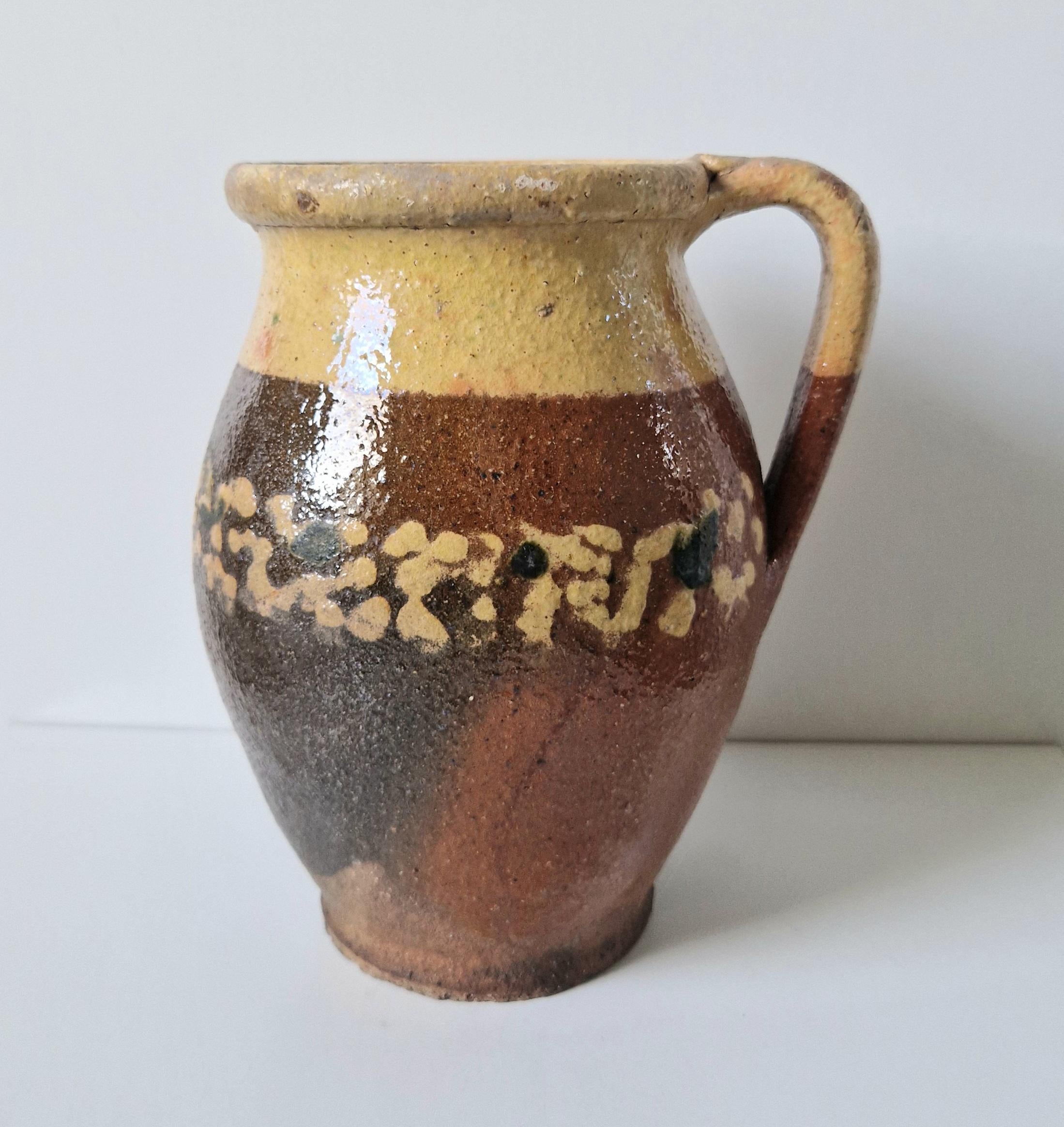 Antique Rustic Hungarian Decorated Glazed Earthenware Milk Pitcher Jug