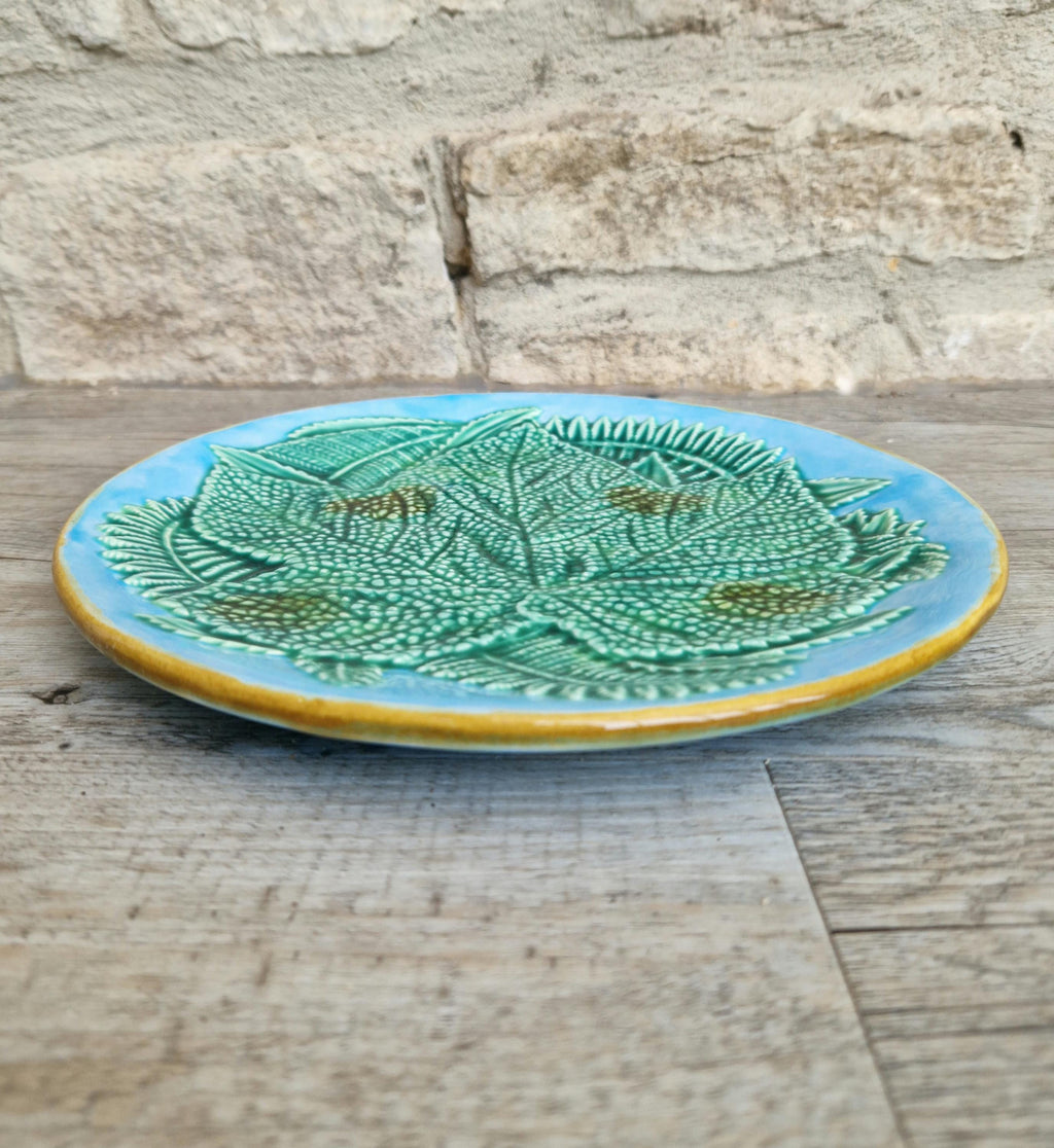 Art Nouveau Majolica Pottery Plate With Leaf & Fern Design Light Blue Ground Double "J" Mark 22cm